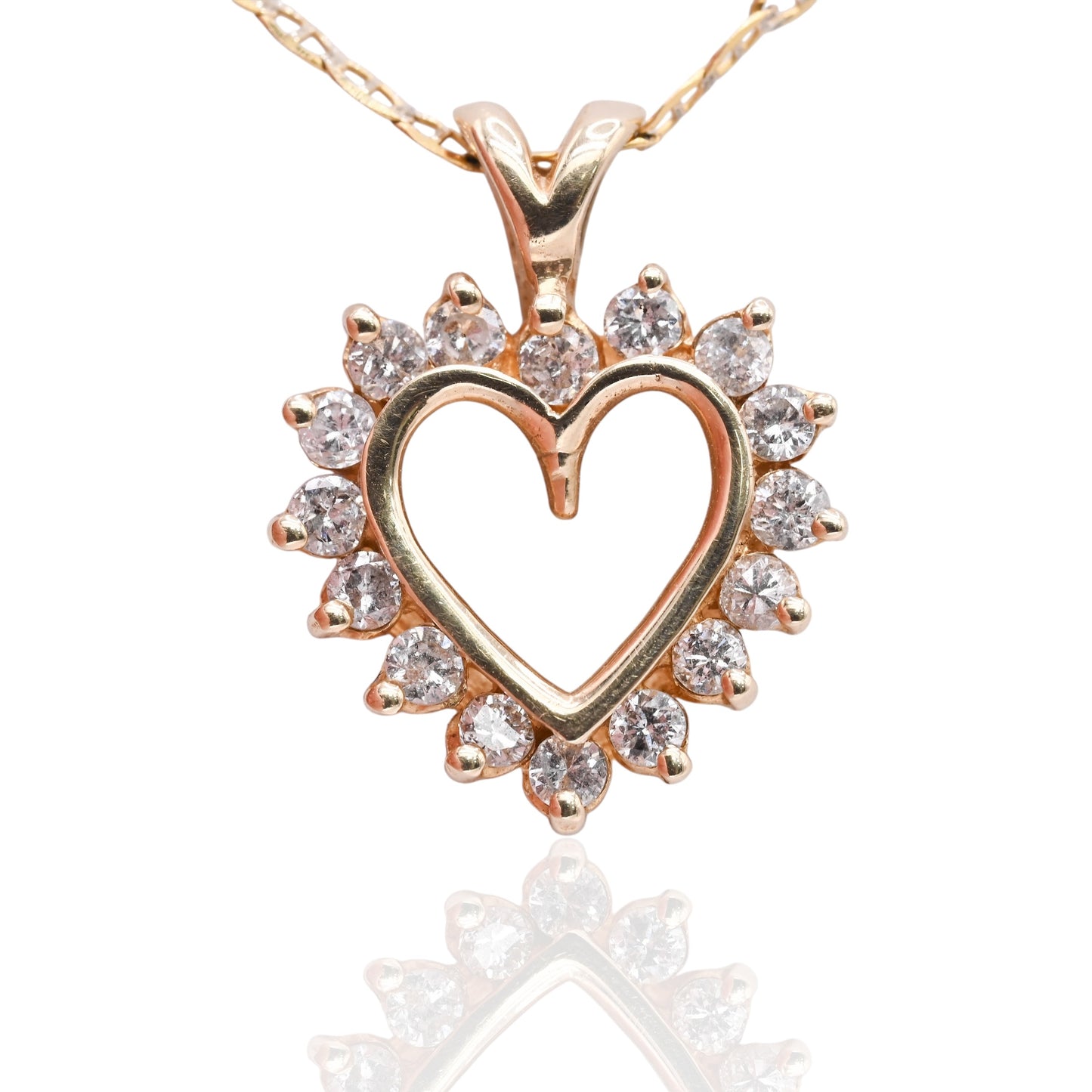 Vintage Style Open Heart Diamond Necklace with Gucci Link Chain 14K Yellow Gold 16in 0.24cttw