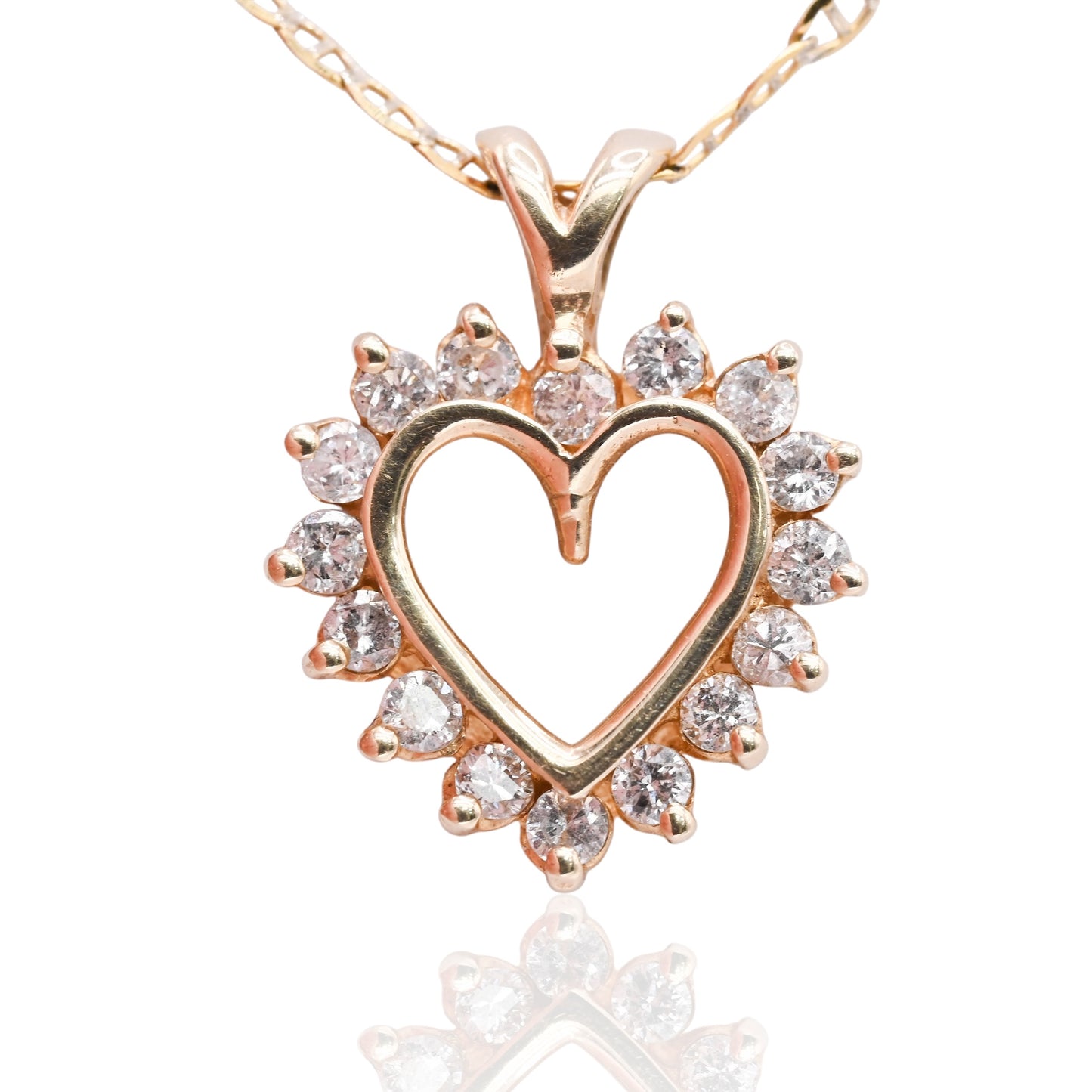 Vintage Style Open Heart Diamond Necklace with Gucci Link Chain 14K Yellow Gold 16in 0.24cttw
