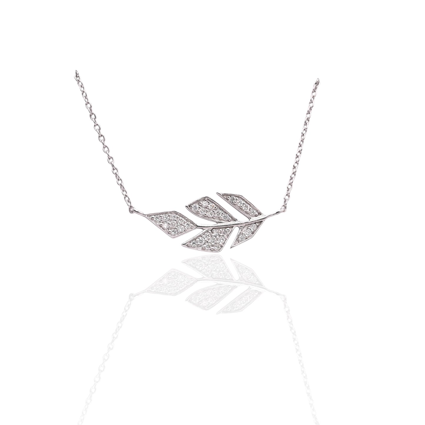 Diamond Feather Necklace 14K White Gold Adjustable Chain 16.75in, 17.75in, and 18.75in 0.13cttw