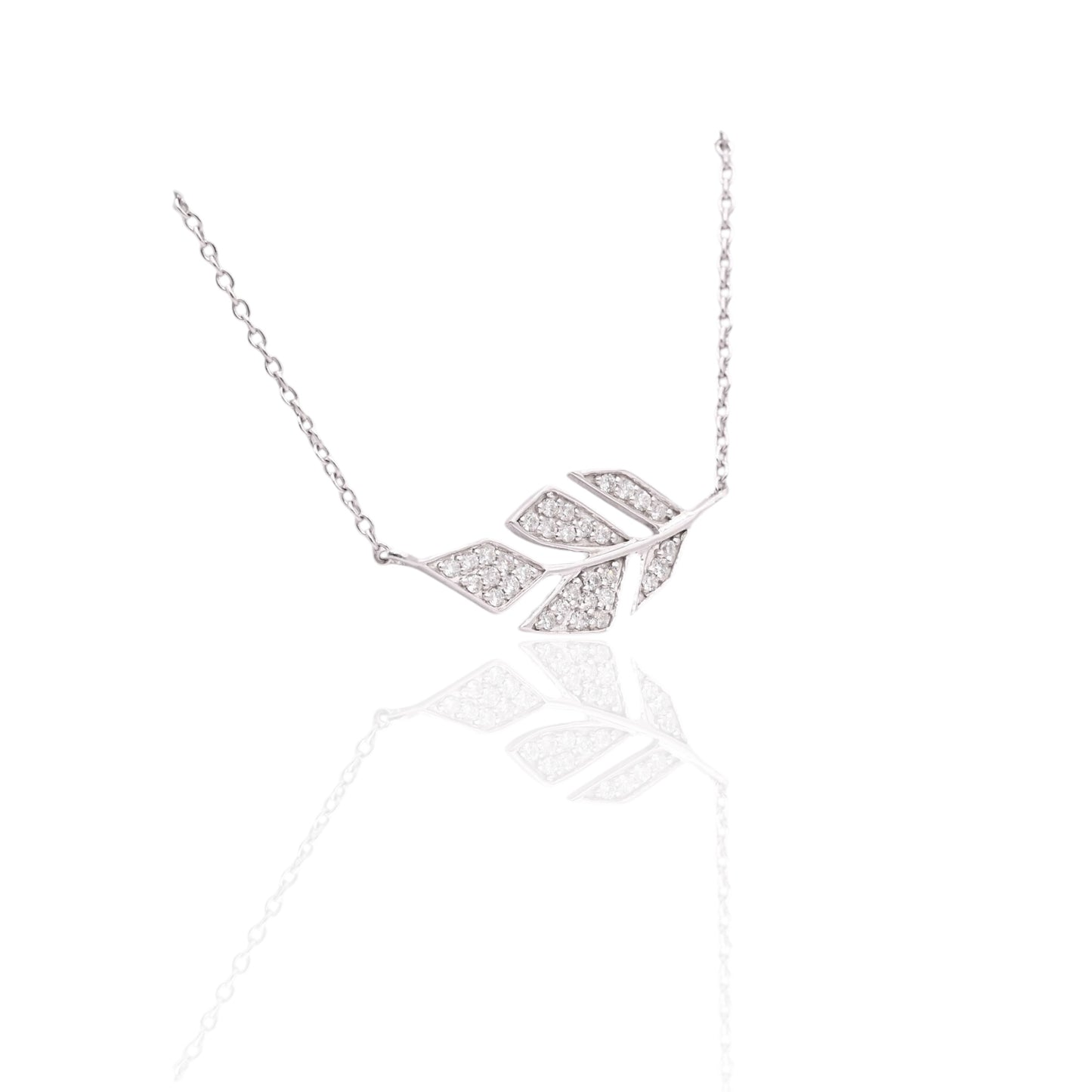 Diamond Feather Necklace 14K White Gold Adjustable Chain 16.75in, 17.75in, and 18.75in 0.13cttw