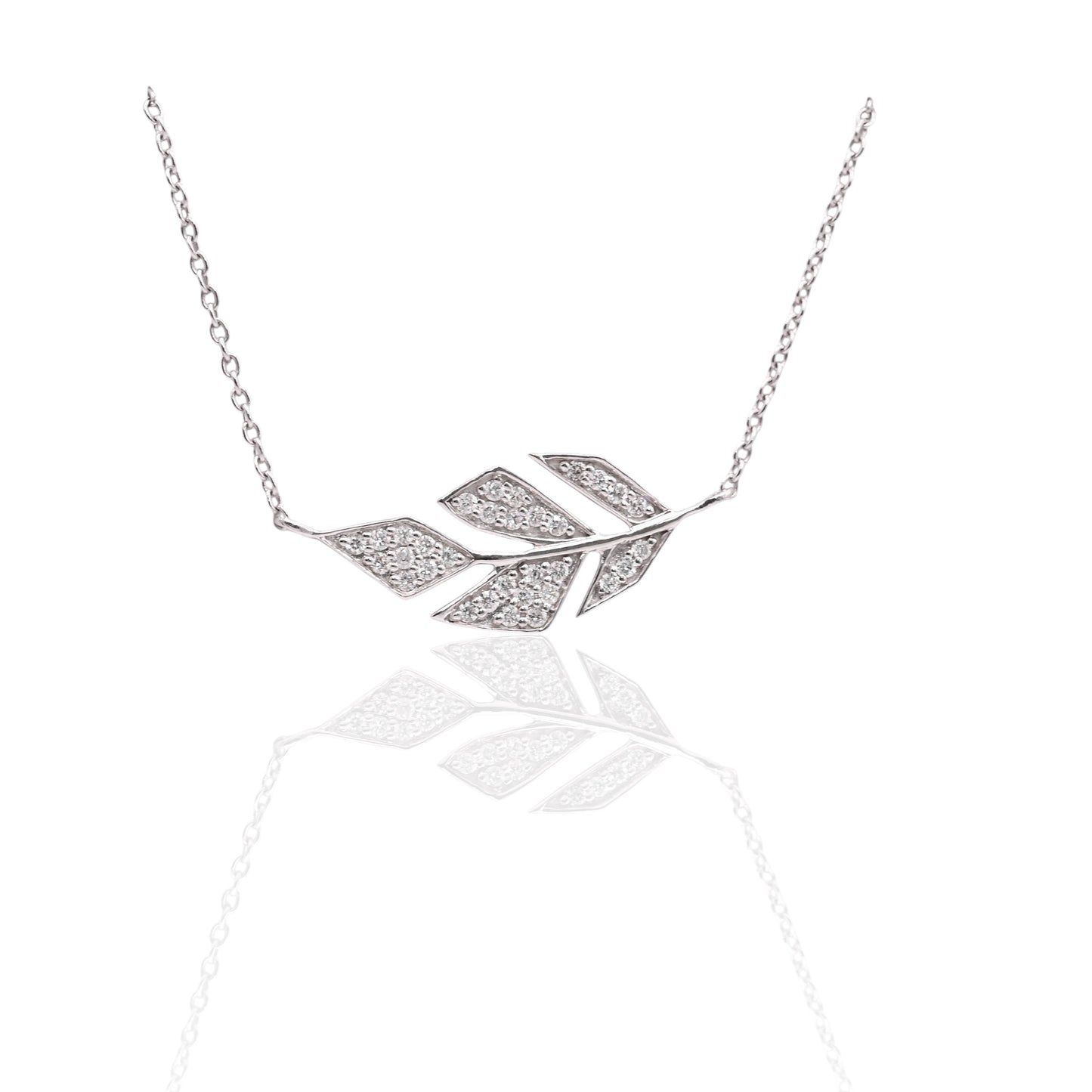 Diamond Feather Necklace 14K White Gold Adjustable Chain 16.75in, 17.75in, and 18.75in 0.13cttw