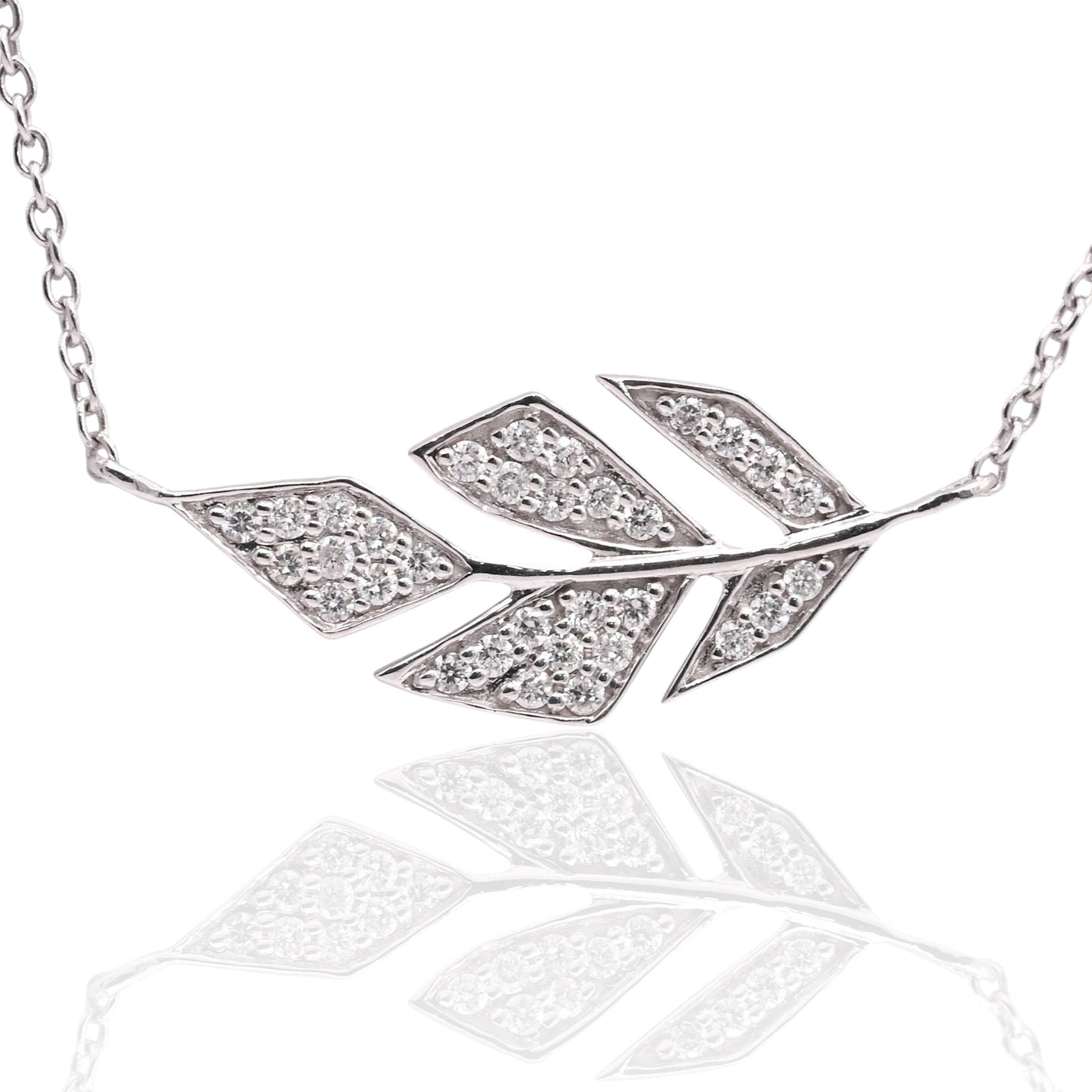 Diamond Feather Necklace 14K White Gold Adjustable Chain 16.75in, 17.75in, and 18.75in 0.13cttw
