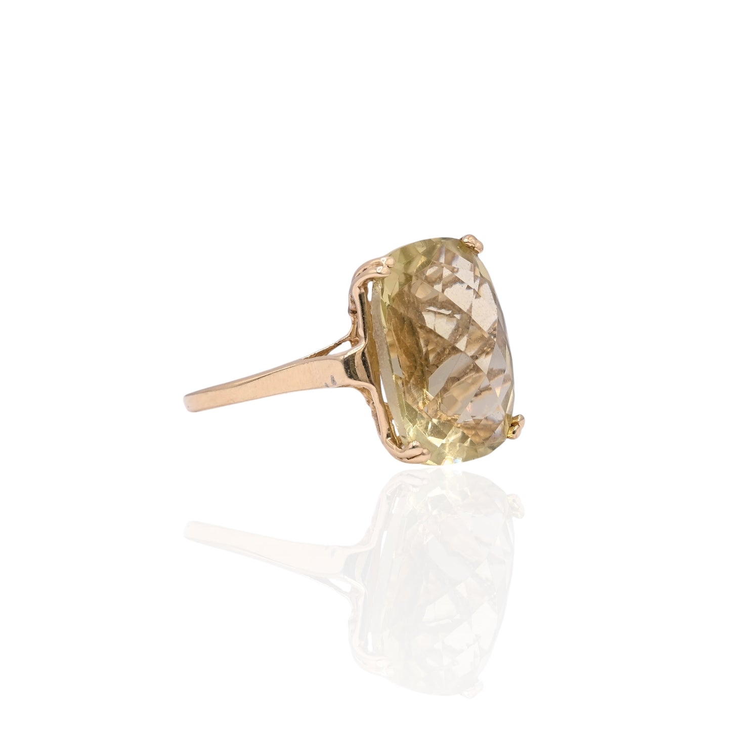 FINAL SALE: Checkerboard Cut Yellow Green Topaz Ring 14K Yellow Gold Size 7.5