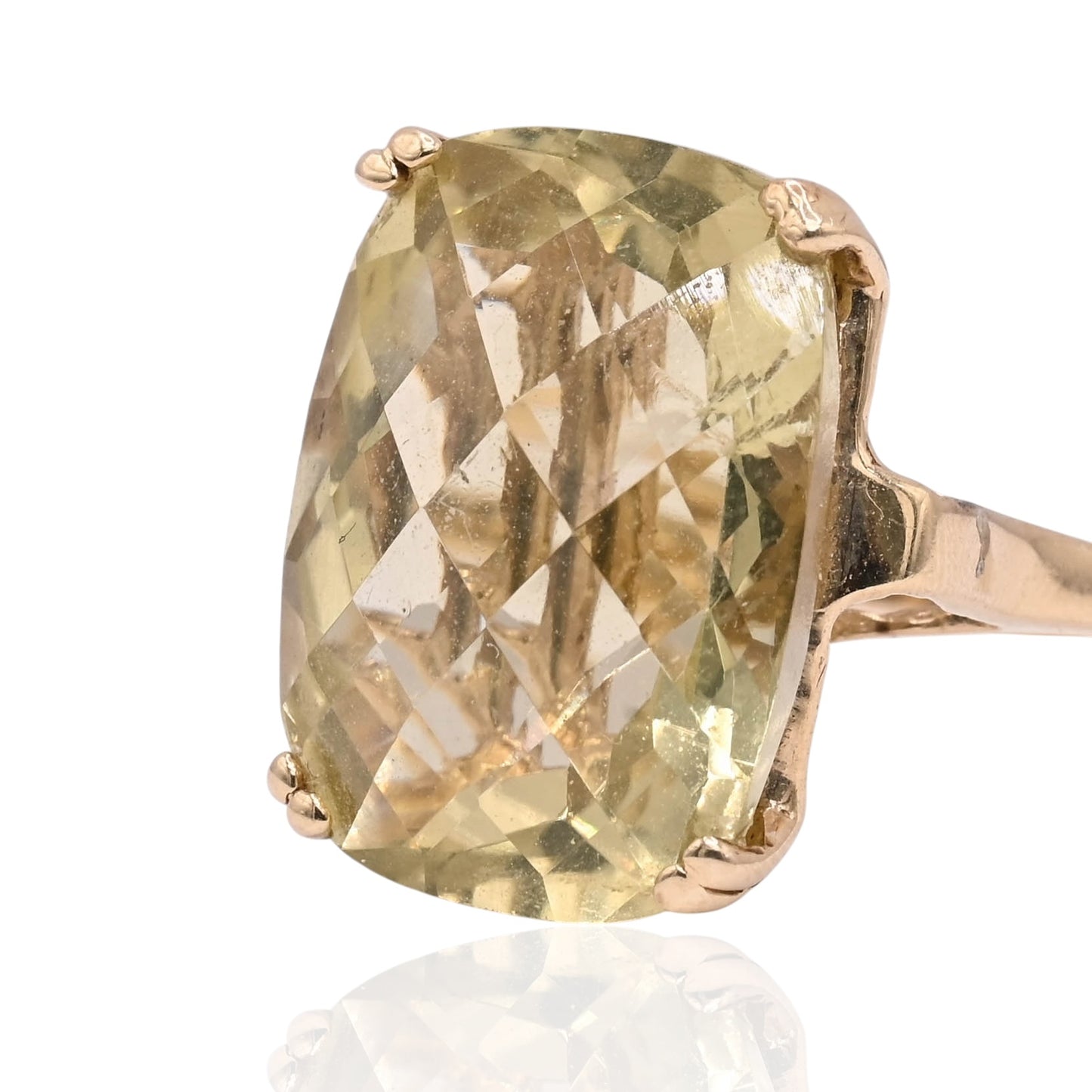 FINAL SALE: Checkerboard Cut Yellow Green Topaz Ring 14K Yellow Gold Size 7.5