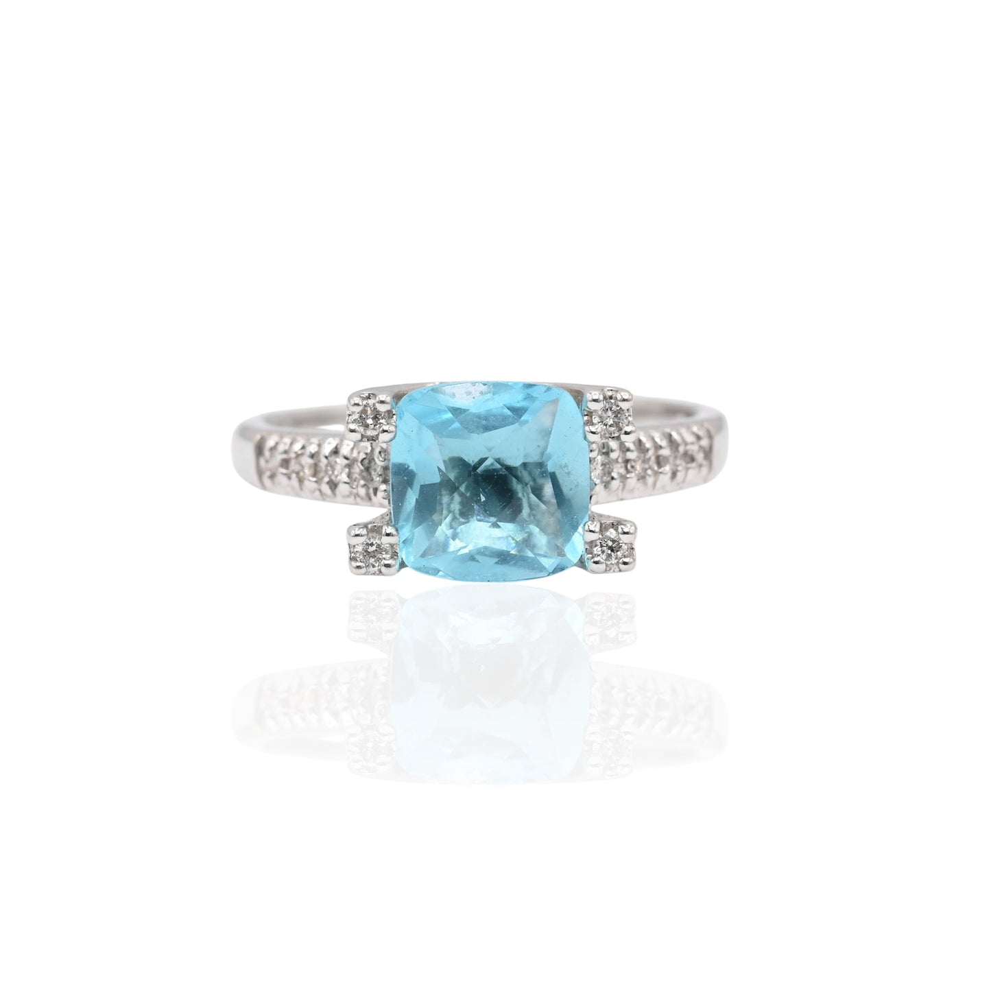 FINAL SALE: Blue Topaz Ring with Diamonds 14K White Gold Size 8.25 0.15cttw