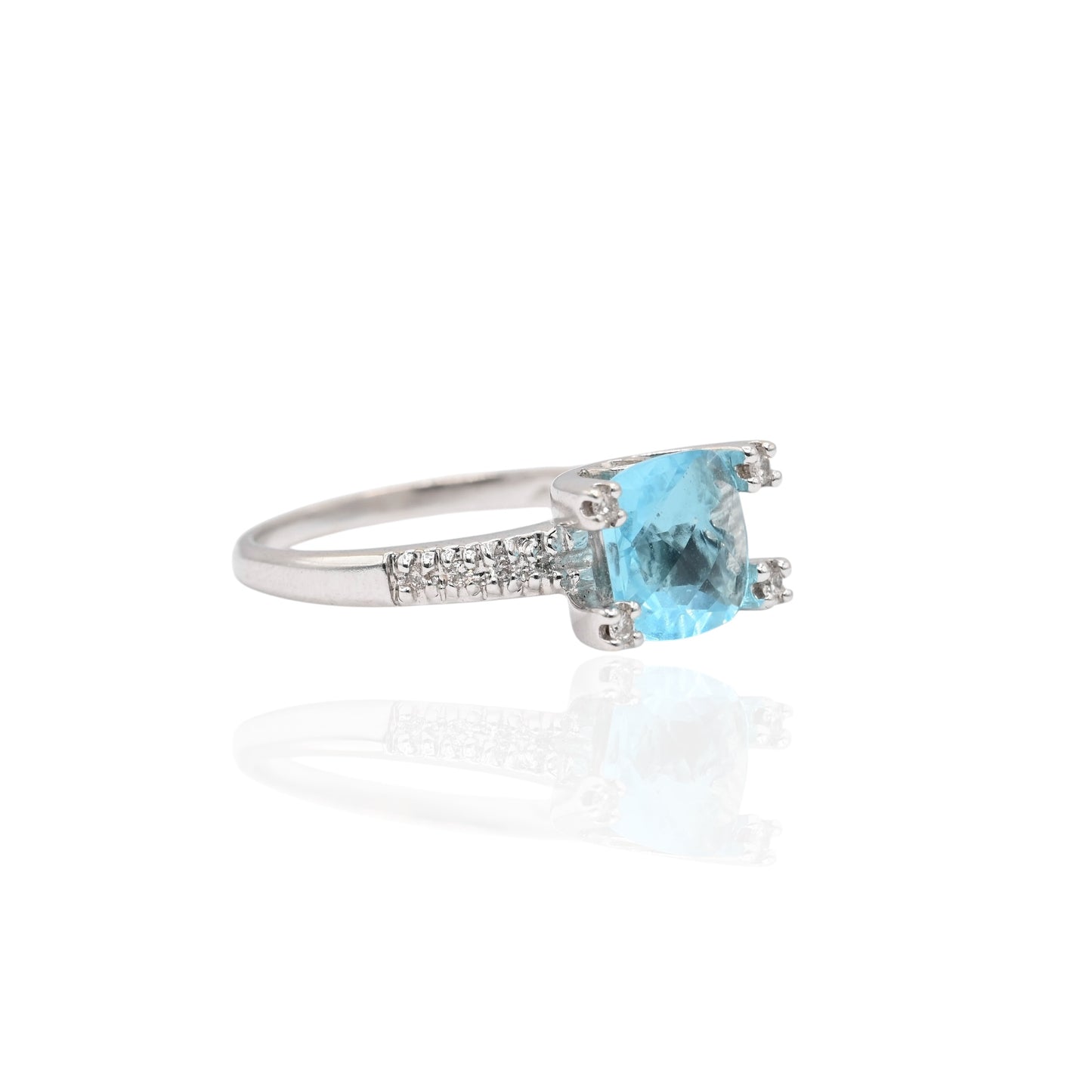 FINAL SALE: Blue Topaz Ring with Diamonds 14K White Gold Size 8.25 0.15cttw