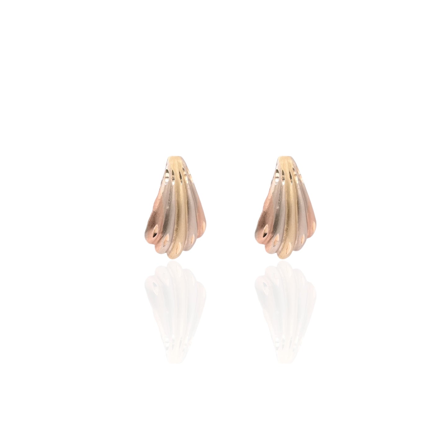 FINAL SALE: Tri-color Diamond Cut Scallop Earrings 14K Yellow Gold, 14K White Gold, and 14K Rose Gold