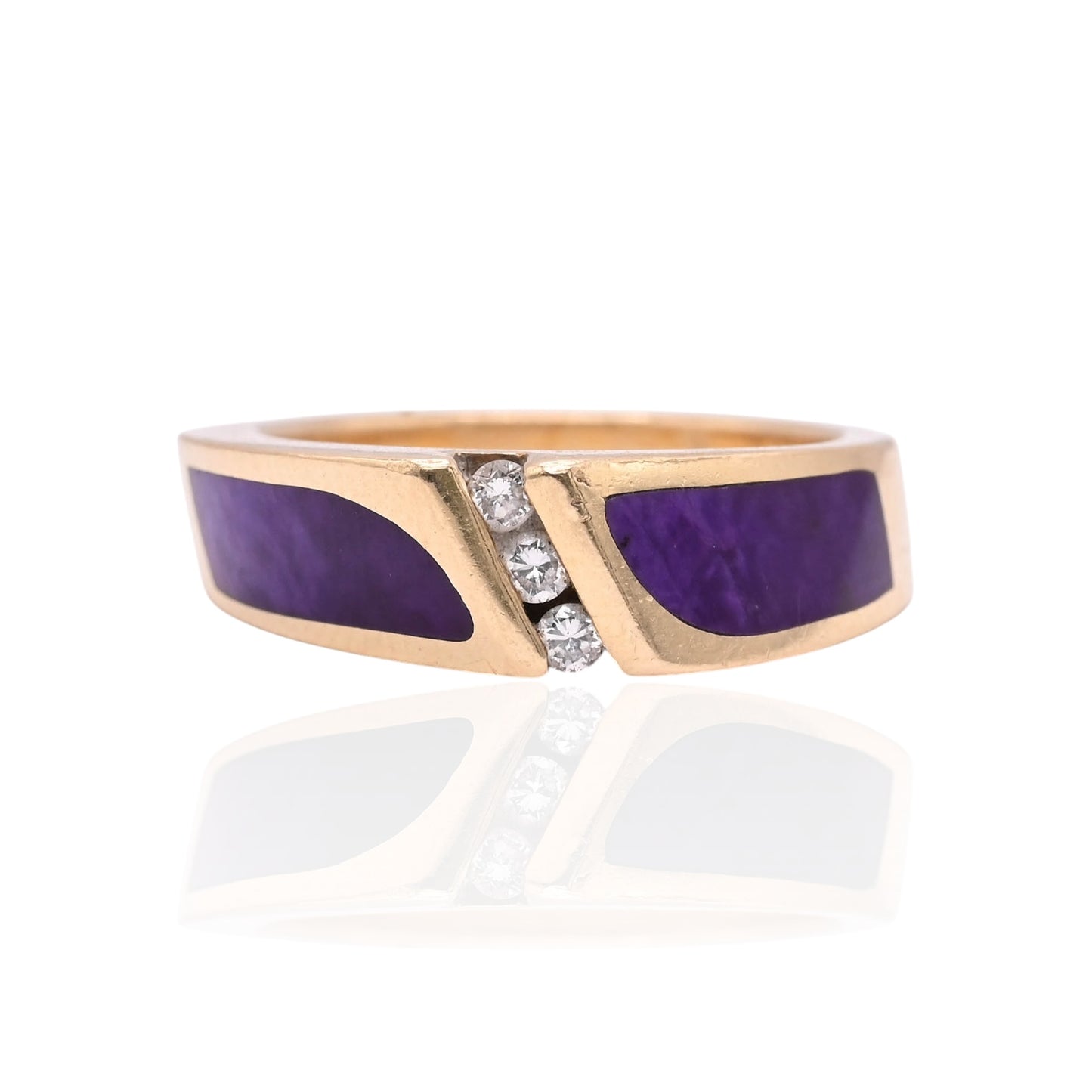 FINAL SALE: Sugilite Inlay Ring with Diamonds 14K Yellow Gold Size 6 0.04cttw