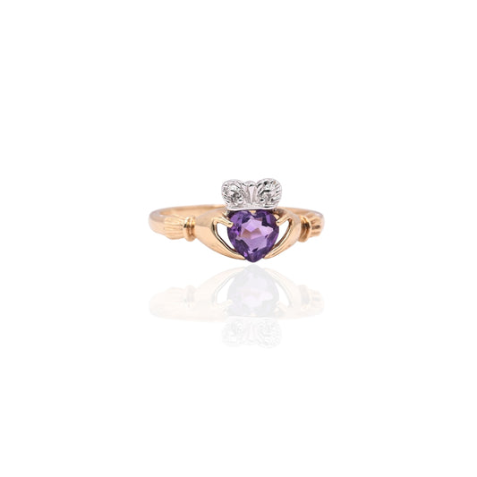 FINAL SALE: Amethyst Heart and Diamond Claddagh 14K Yellow and 14K White Gold Ring Size 7.25 0.01cttw