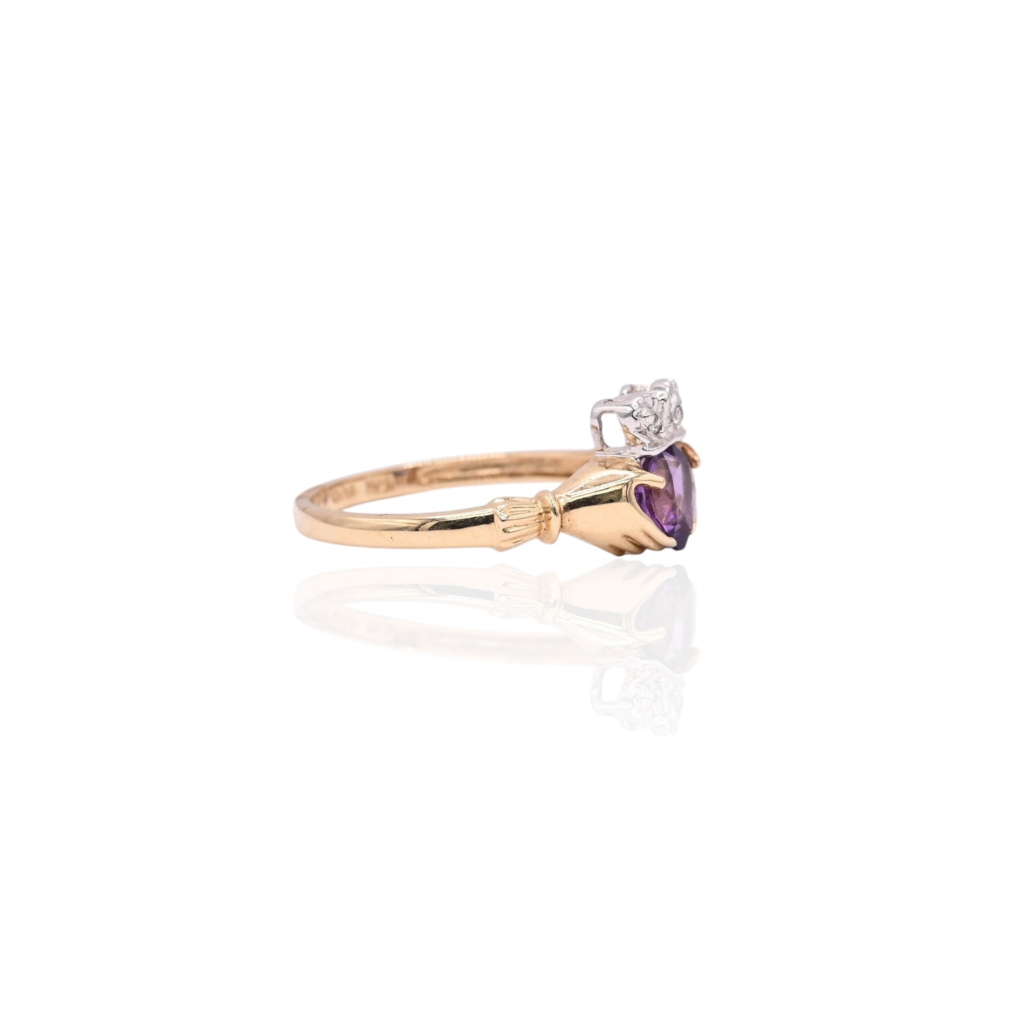FINAL SALE: Amethyst Heart and Diamond Claddagh 14K Yellow and 14K White Gold Ring Size 7.25 0.01cttw
