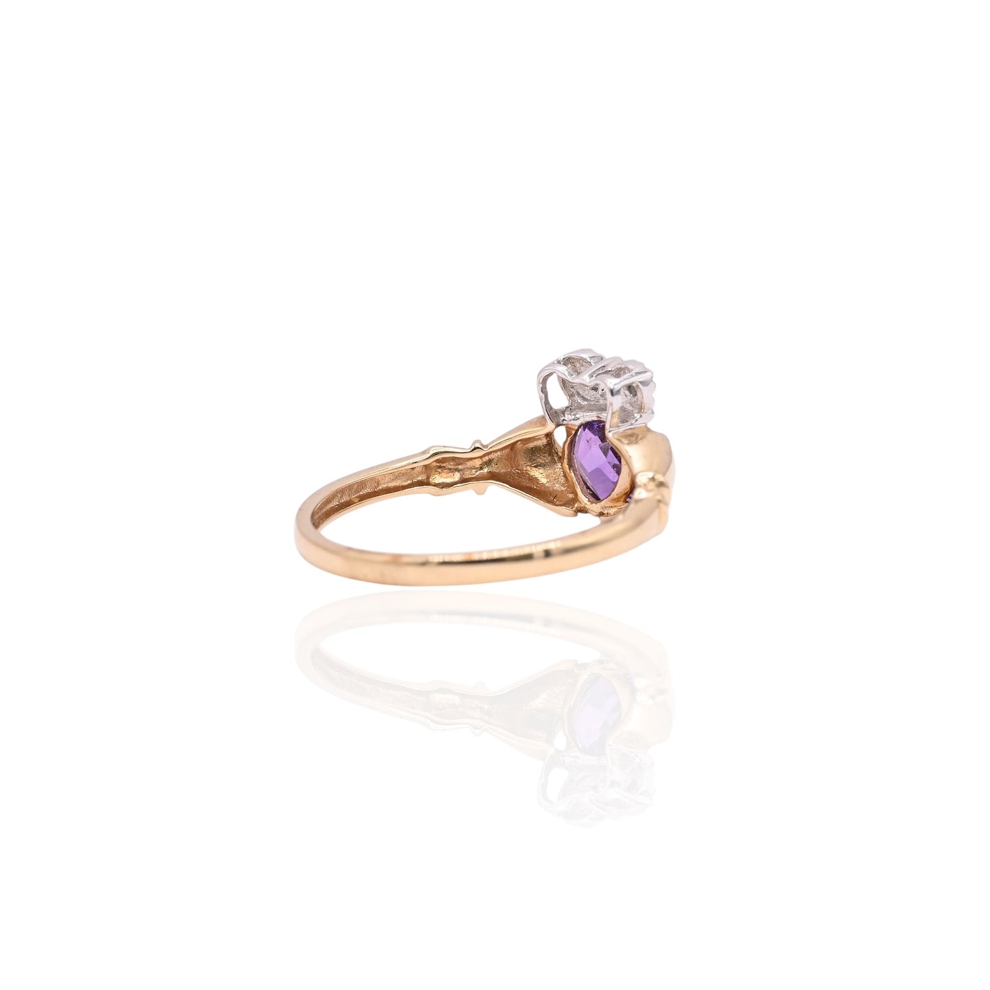 FINAL SALE: Amethyst Heart and Diamond Claddagh 14K Yellow and 14K White Gold Ring Size 7.25 0.01cttw