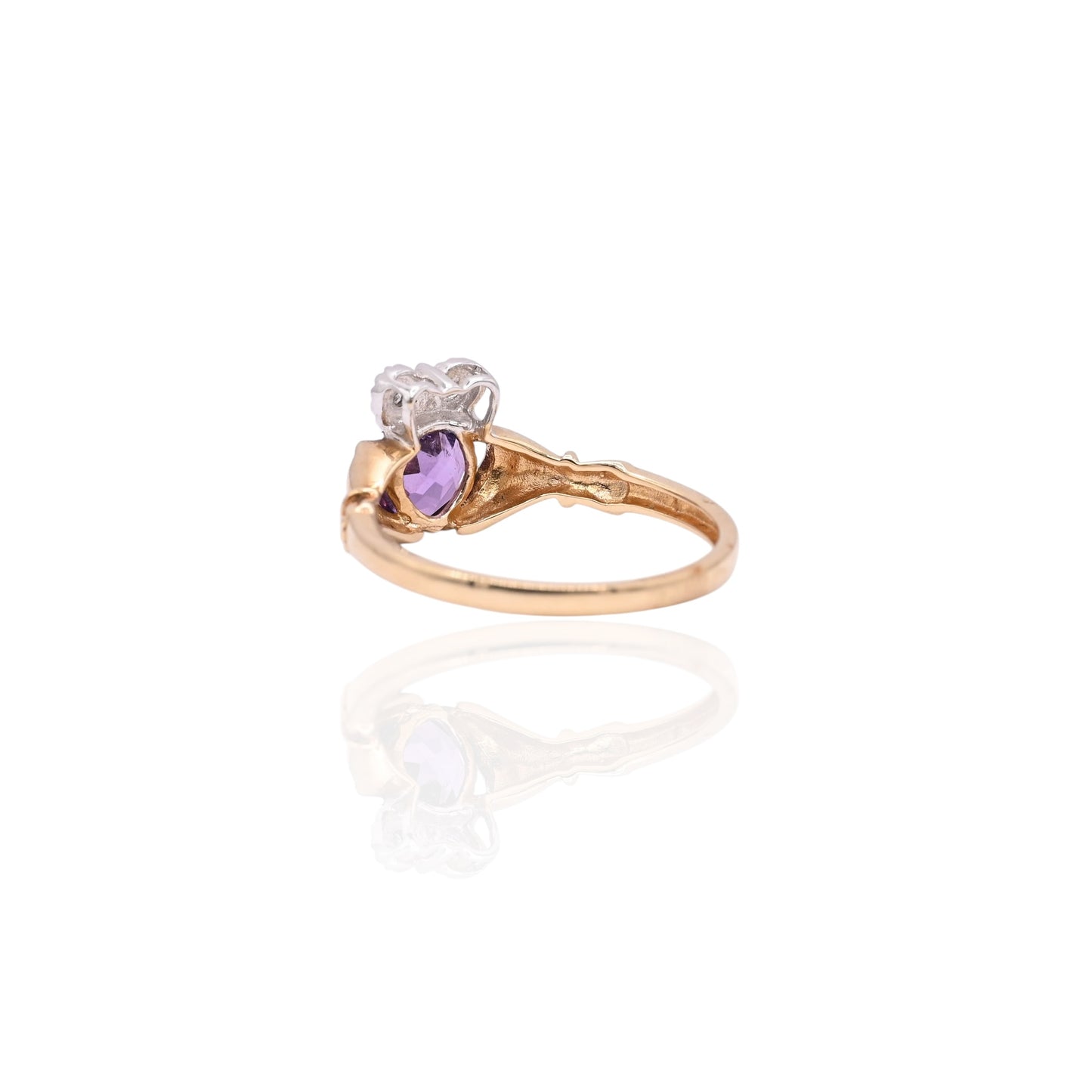 FINAL SALE: Amethyst Heart and Diamond Claddagh 14K Yellow and 14K White Gold Ring Size 7.25 0.01cttw