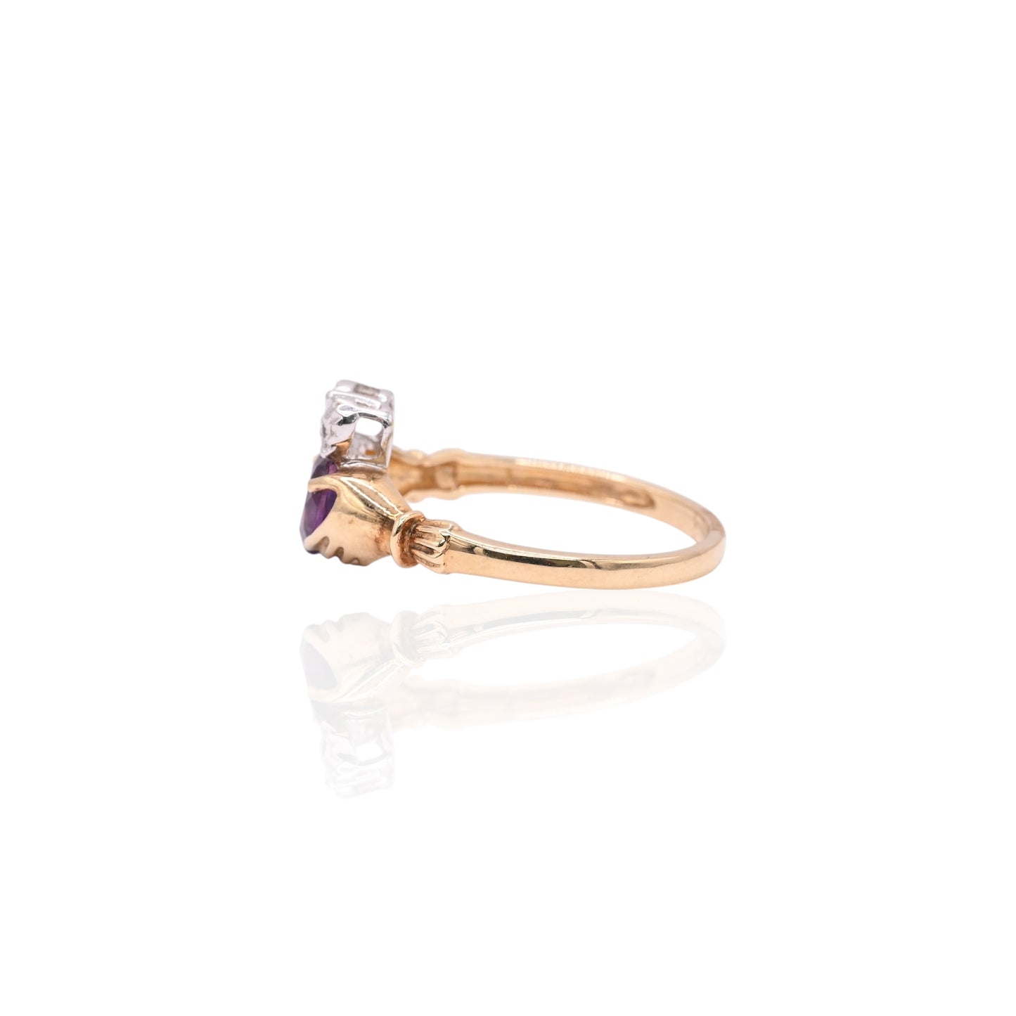 FINAL SALE: Amethyst Heart and Diamond Claddagh 14K Yellow and 14K White Gold Ring Size 7.25 0.01cttw