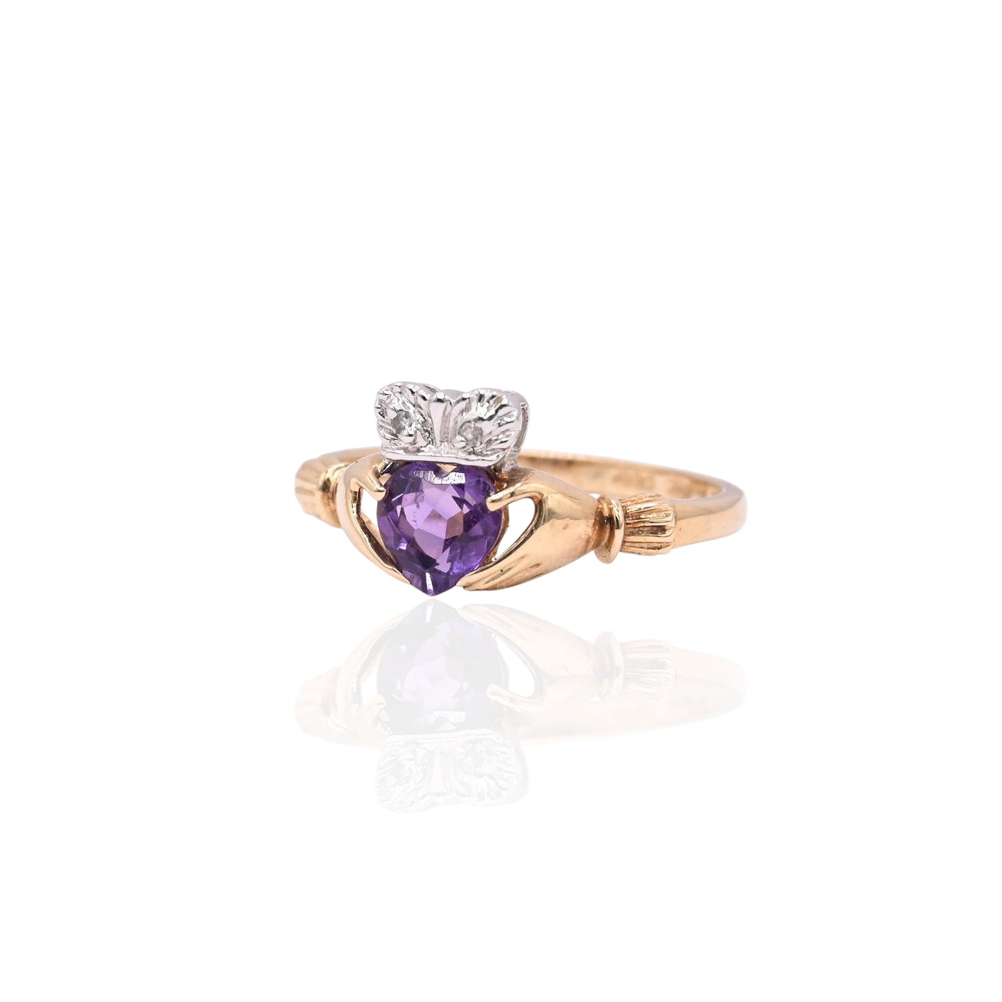 FINAL SALE: Amethyst Heart and Diamond Claddagh 14K Yellow and 14K White Gold Ring Size 7.25 0.01cttw
