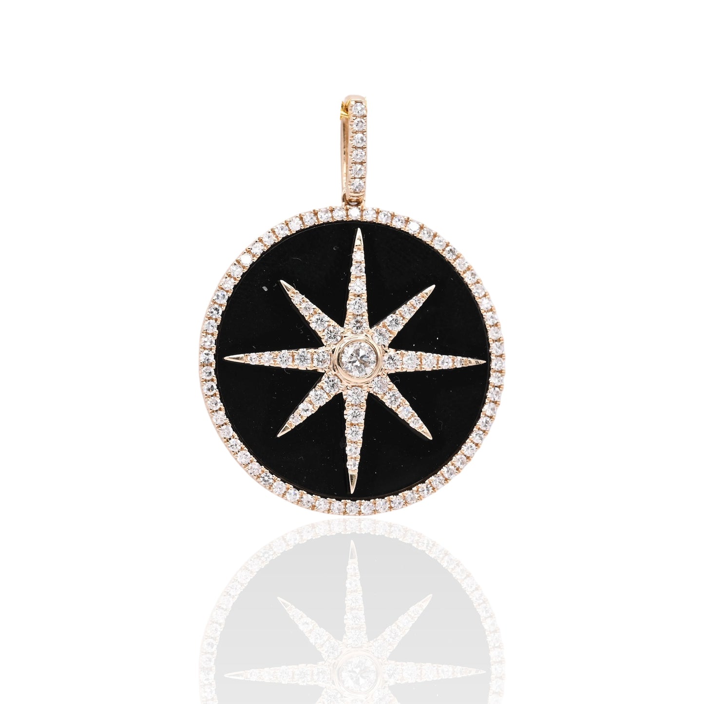 FINAL SALE: Diamond and Onyx Round Star Pendant with Diamond Bail 14K Yellow Gold 0.57cttw
