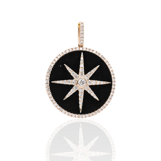 FINAL SALE: Diamond and Onyx Round Star Pendant with Diamond Bail 14K Yellow Gold 0.57cttw
