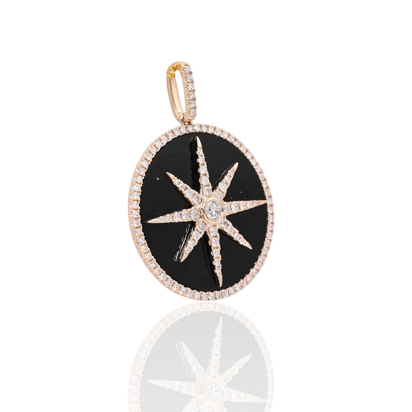 FINAL SALE: Diamond and Onyx Round Star Pendant with Diamond Bail 14K Yellow Gold 0.57cttw
