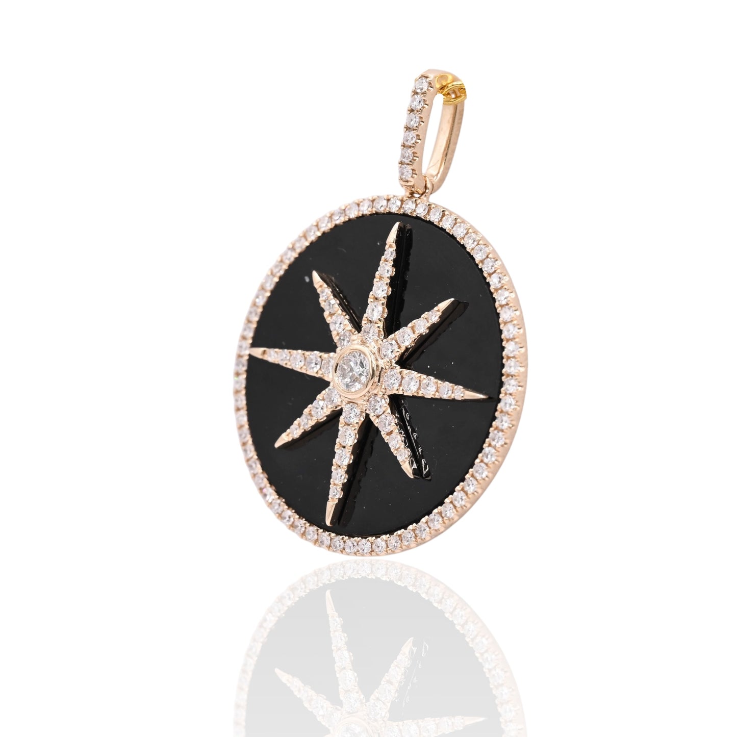 FINAL SALE: Diamond and Onyx Round Star Pendant with Diamond Bail 14K Yellow Gold 0.57cttw