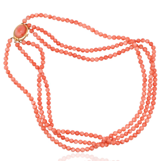 Three-Strand 4.5mm Bright Red Coral Necklace with 14K Yellow Gold Pearl Clasp 17in