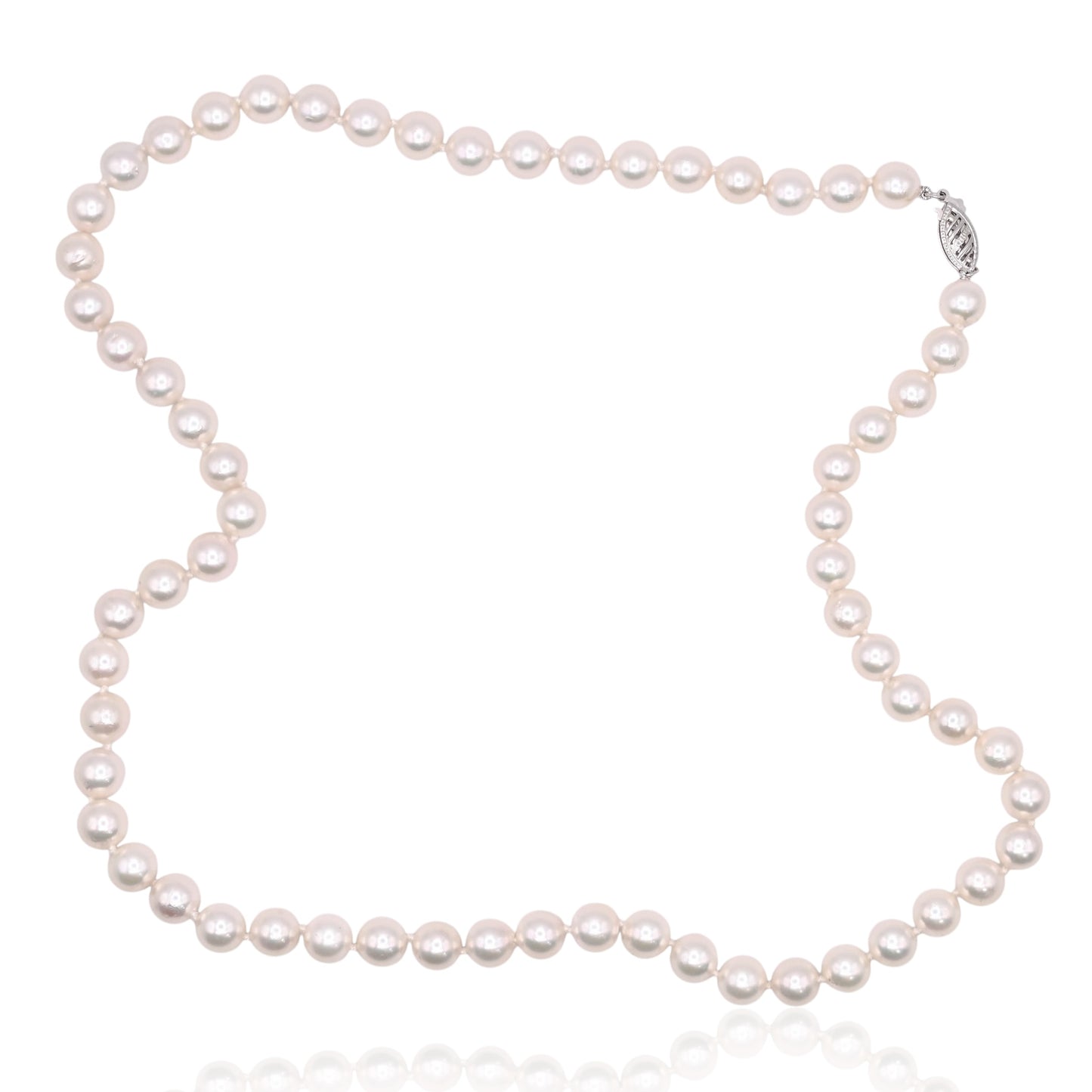 Single Strand 7mm Cultured Pearl Necklace Knotted with Pearl Clasp 14K White Gold 20in