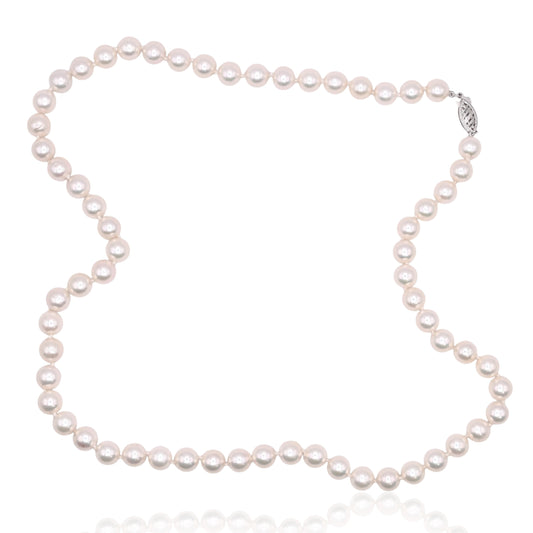 Single Strand 7mm Cultured Pearl Necklace Knotted with Pearl Clasp 14K White Gold 20in