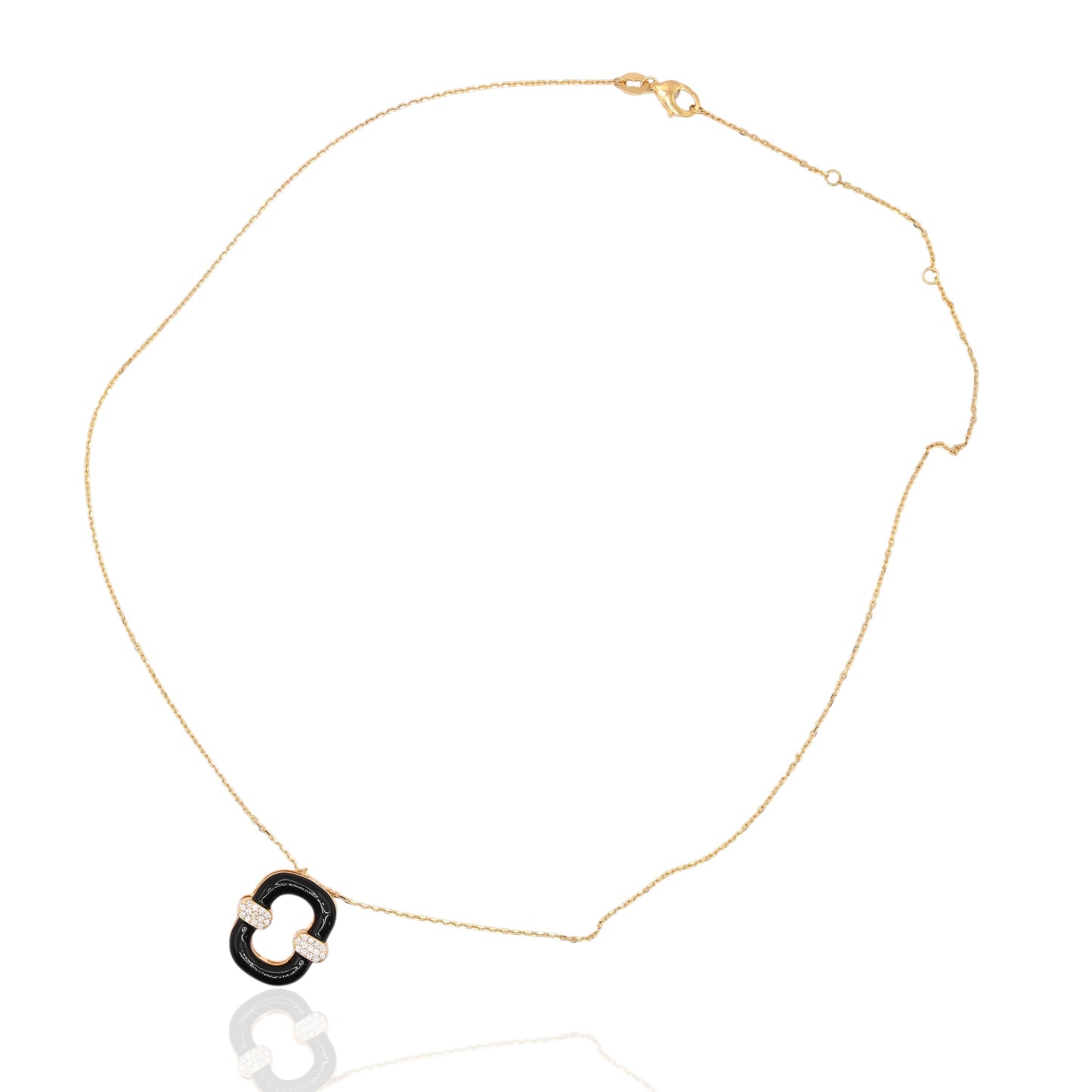 Black Enamel Oval Necklace with Diamonds on 14K Yellow Gold Diamond Cut Adjustable Chain 15in, 16in, and 17in 0.13cttw