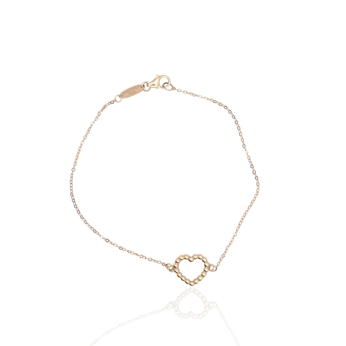 Bead Heart Bracelet with Diamond Cut Chain 14K Yellow Gold 7in