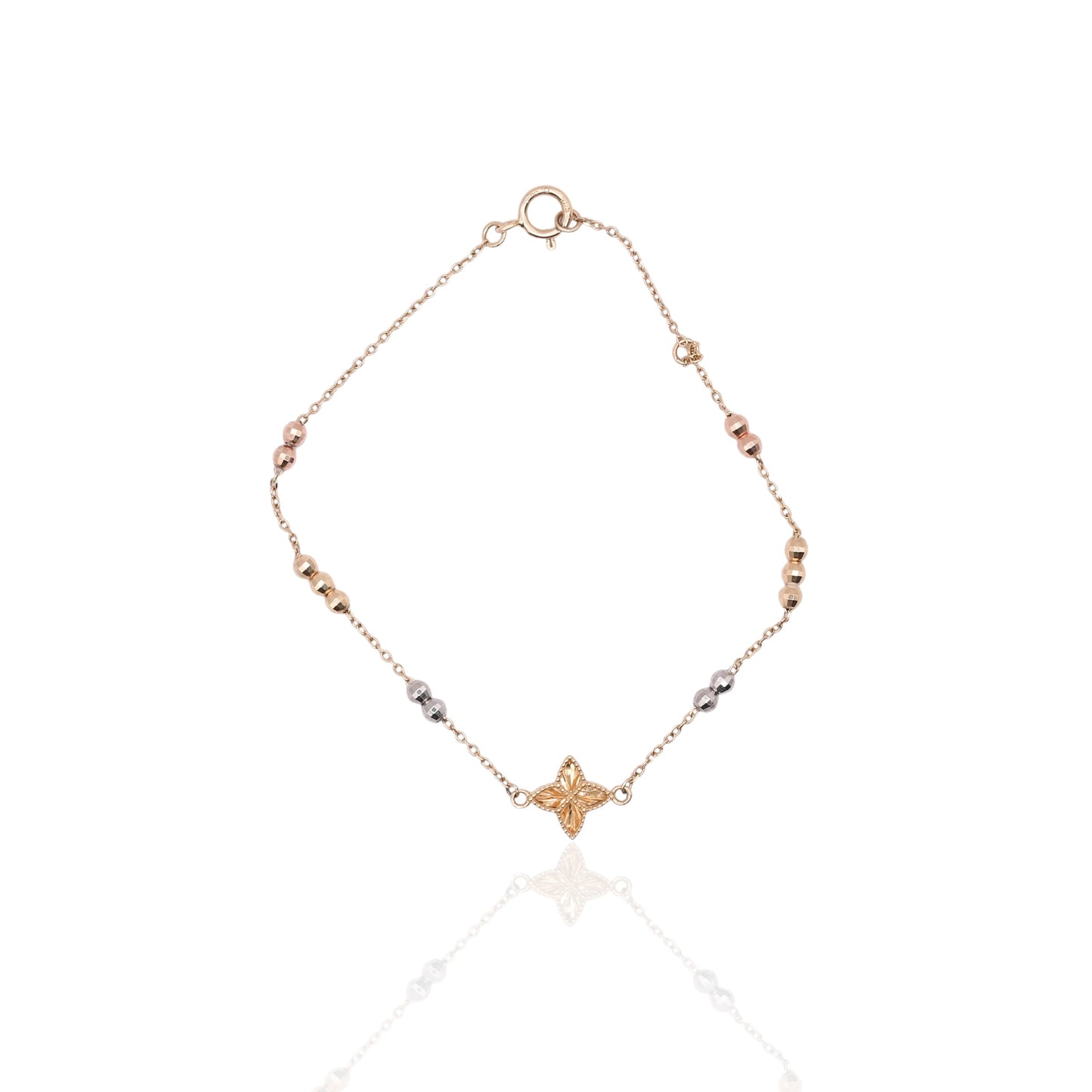 Diamond Cut Four-Pointed Star Bracelet with Diamond Cut Chain and Beads 14K Yellow Gold, 14K Rose Gold, and 14K White Gold Adjustable 6in and 7in