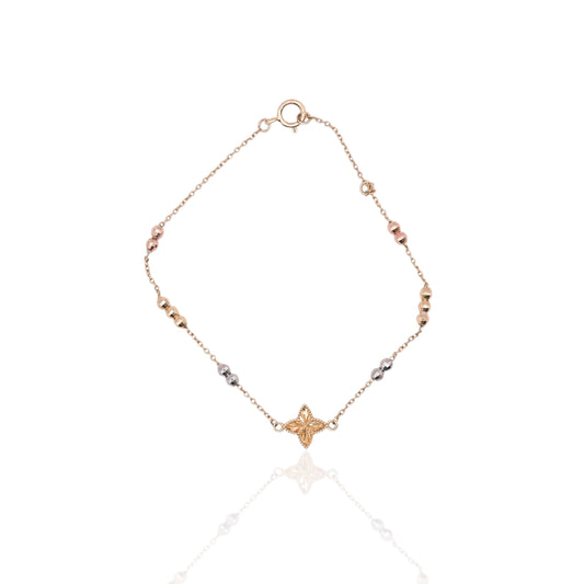 Diamond Cut Four-Pointed Star Bracelet with Diamond Cut Chain and Beads 14K Yellow Gold, 14K Rose Gold, and 14K White Gold Adjustable 6in and 7in