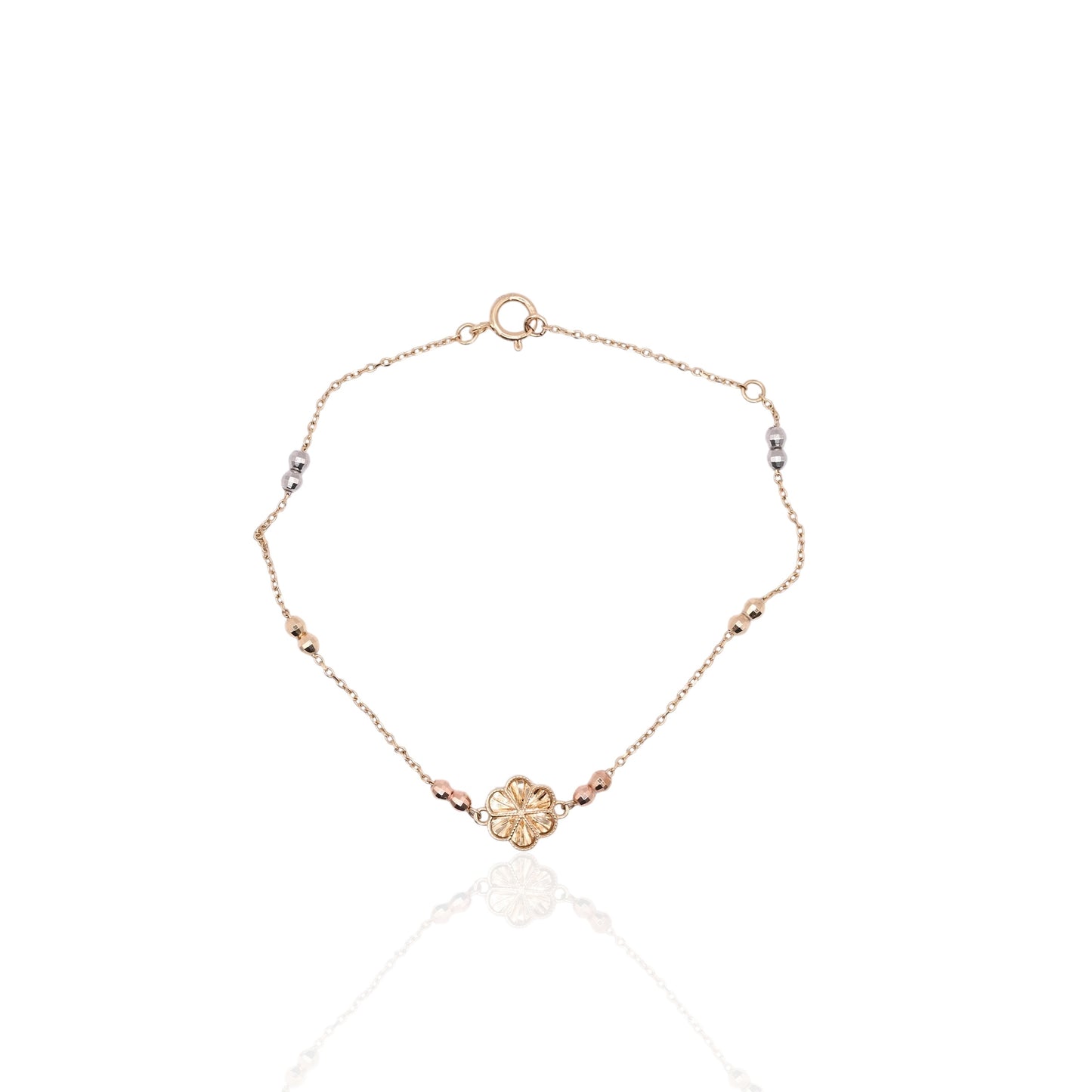Diamond Cut Flower Bracelet with Diamond Cut Chain and Beads 14K Yellow Gold, 14K Rose Gold, and 14K White Gold Adjustable 6in and 7in