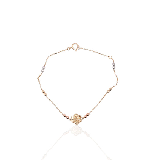 Diamond Cut Flower Bracelet with Diamond Cut Chain and Beads 14K Yellow Gold, 14K Rose Gold, and 14K White Gold Adjustable 6in and 7in