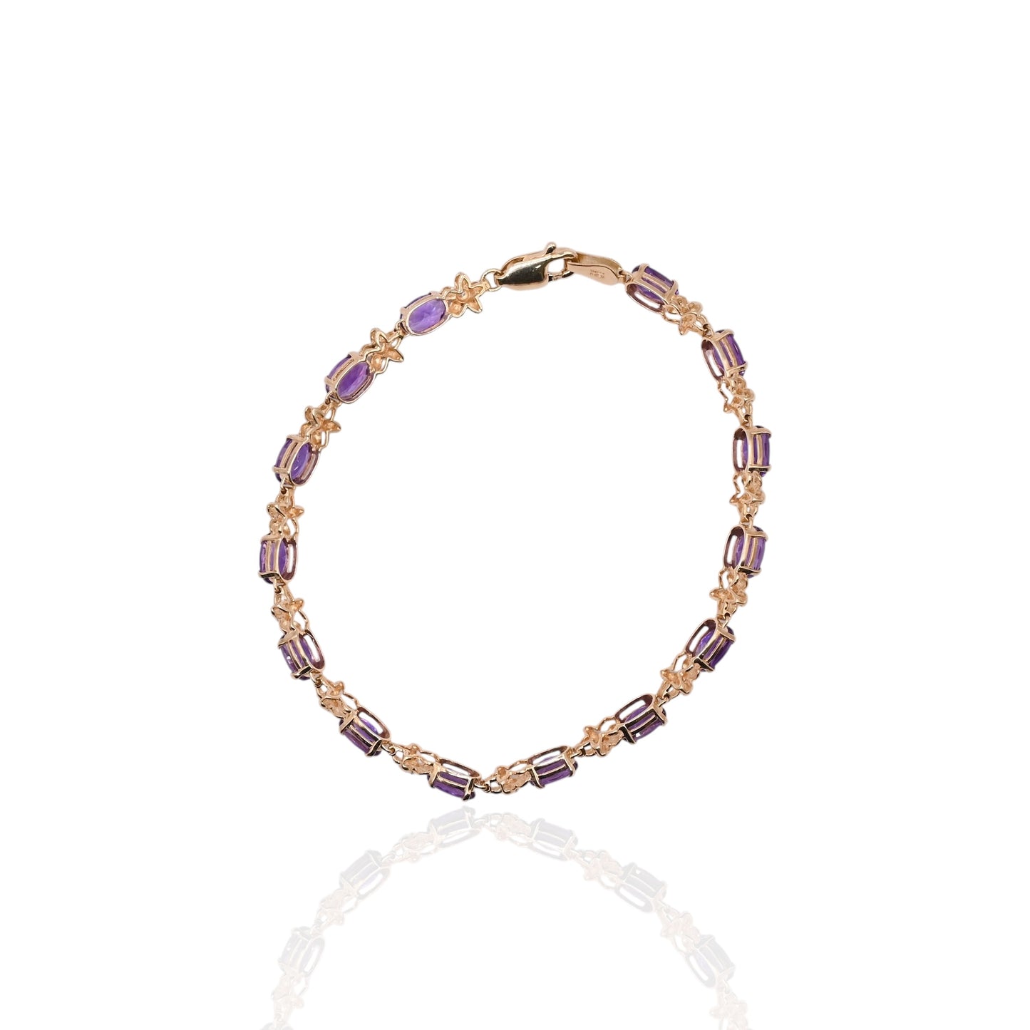 Amethyst and Diamond Floral Bracelet 14K Yellow Gold 7in