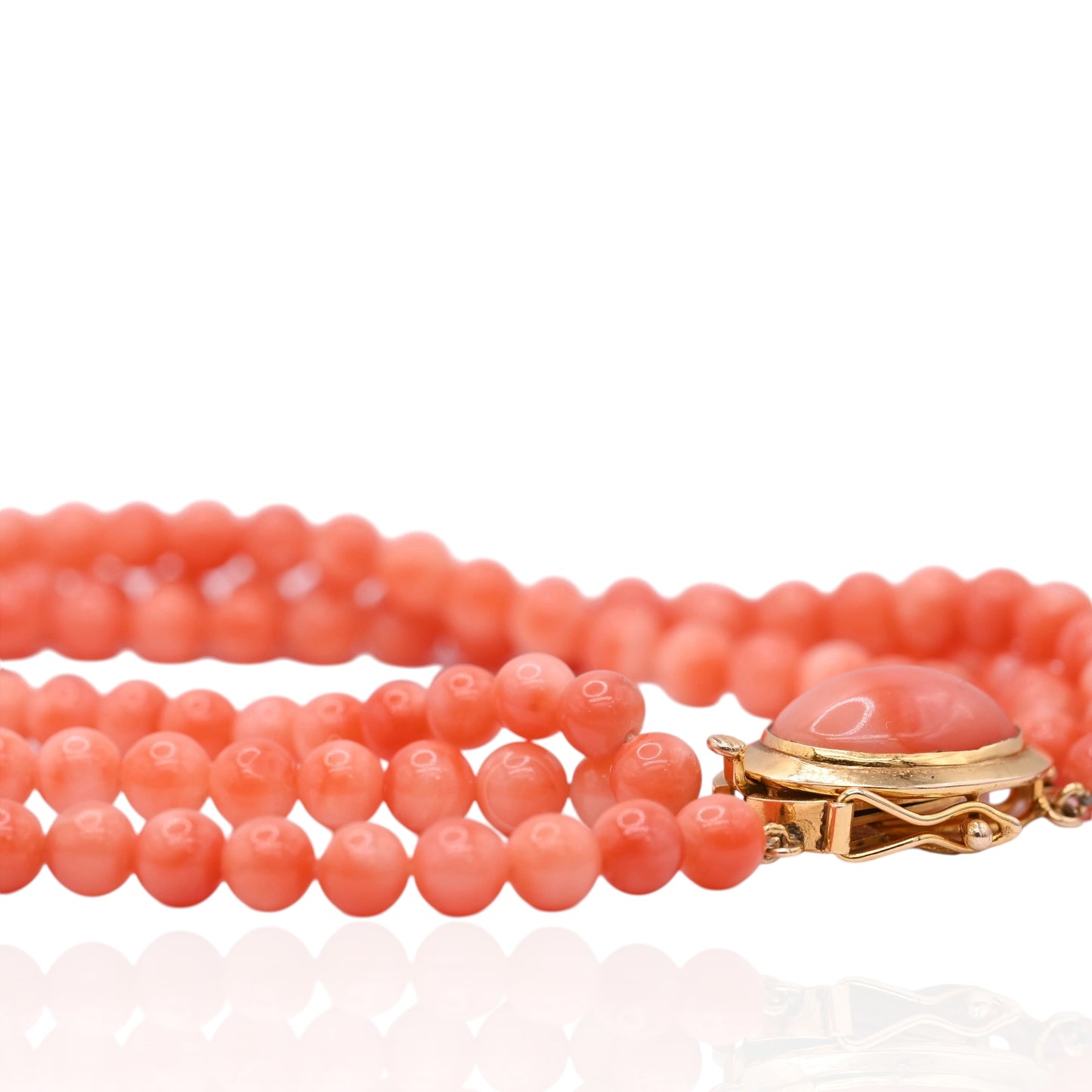 Three-Strand 4.5mm Bright Red Coral Necklace with 14K Yellow Gold Pearl Clasp 17in