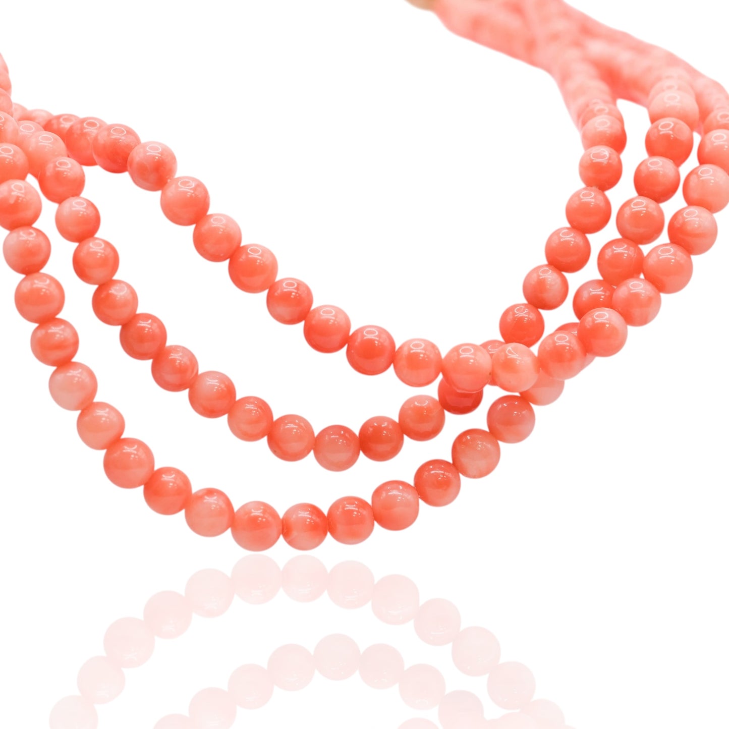 Three-Strand 4.5mm Bright Red Coral Necklace with 14K Yellow Gold Pearl Clasp 17in