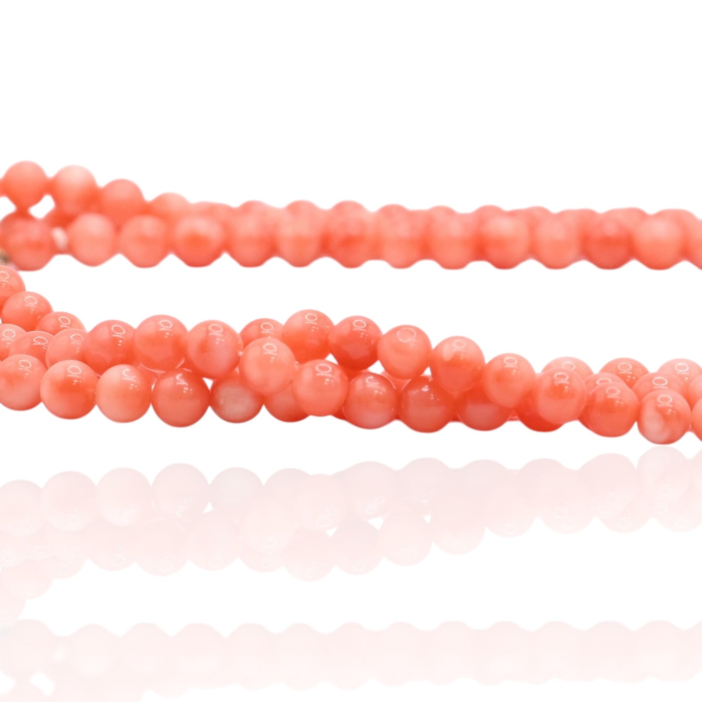 Three-Strand 4.5mm Bright Red Coral Necklace with 14K Yellow Gold Pearl Clasp 17in