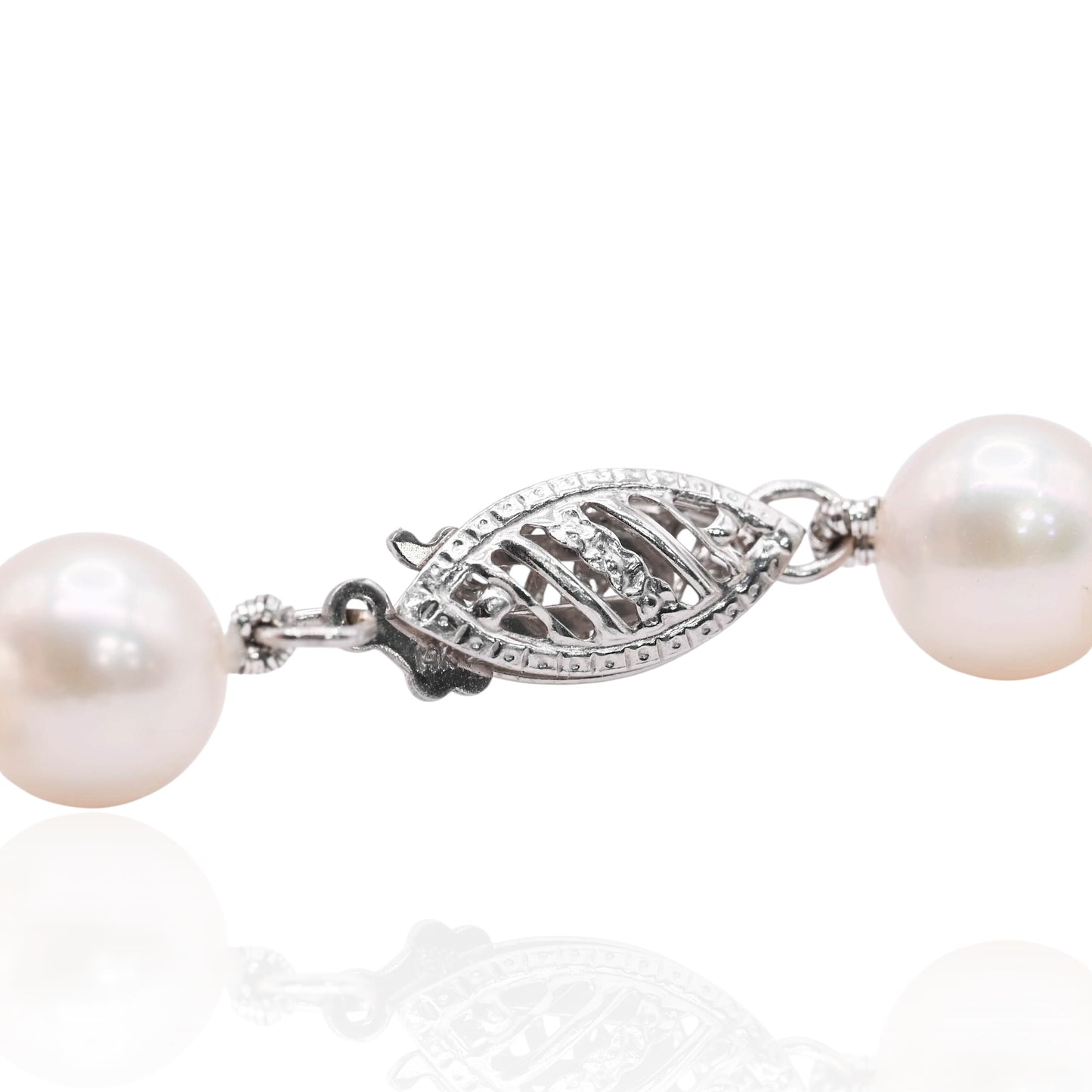 Single Strand 7mm Cultured Pearl Necklace Knotted with Pearl Clasp 14K White Gold 20in
