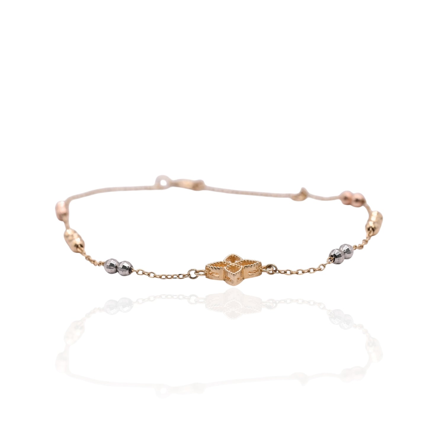 Diamond Cut Four-Pointed Star Bracelet with Diamond Cut Chain and Beads 14K Yellow Gold, 14K Rose Gold, and 14K White Gold Adjustable 6in and 7in