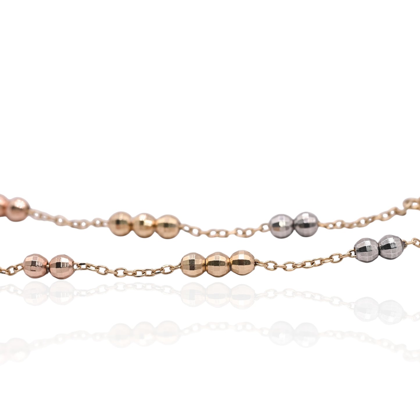 Diamond Cut Four-Pointed Star Bracelet with Diamond Cut Chain and Beads 14K Yellow Gold, 14K Rose Gold, and 14K White Gold Adjustable 6in and 7in