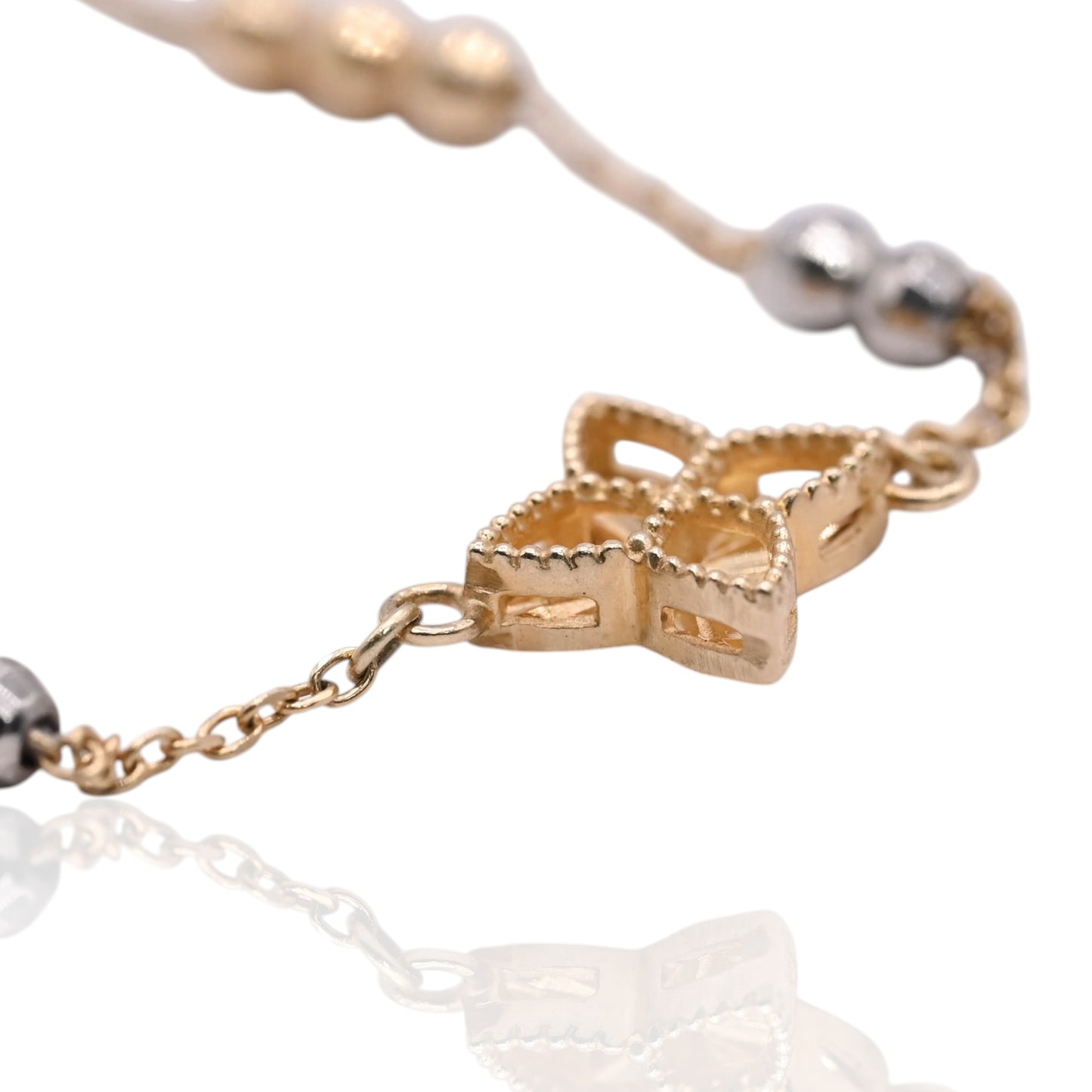Diamond Cut Four-Pointed Star Bracelet with Diamond Cut Chain and Beads 14K Yellow Gold, 14K Rose Gold, and 14K White Gold Adjustable 6in and 7in