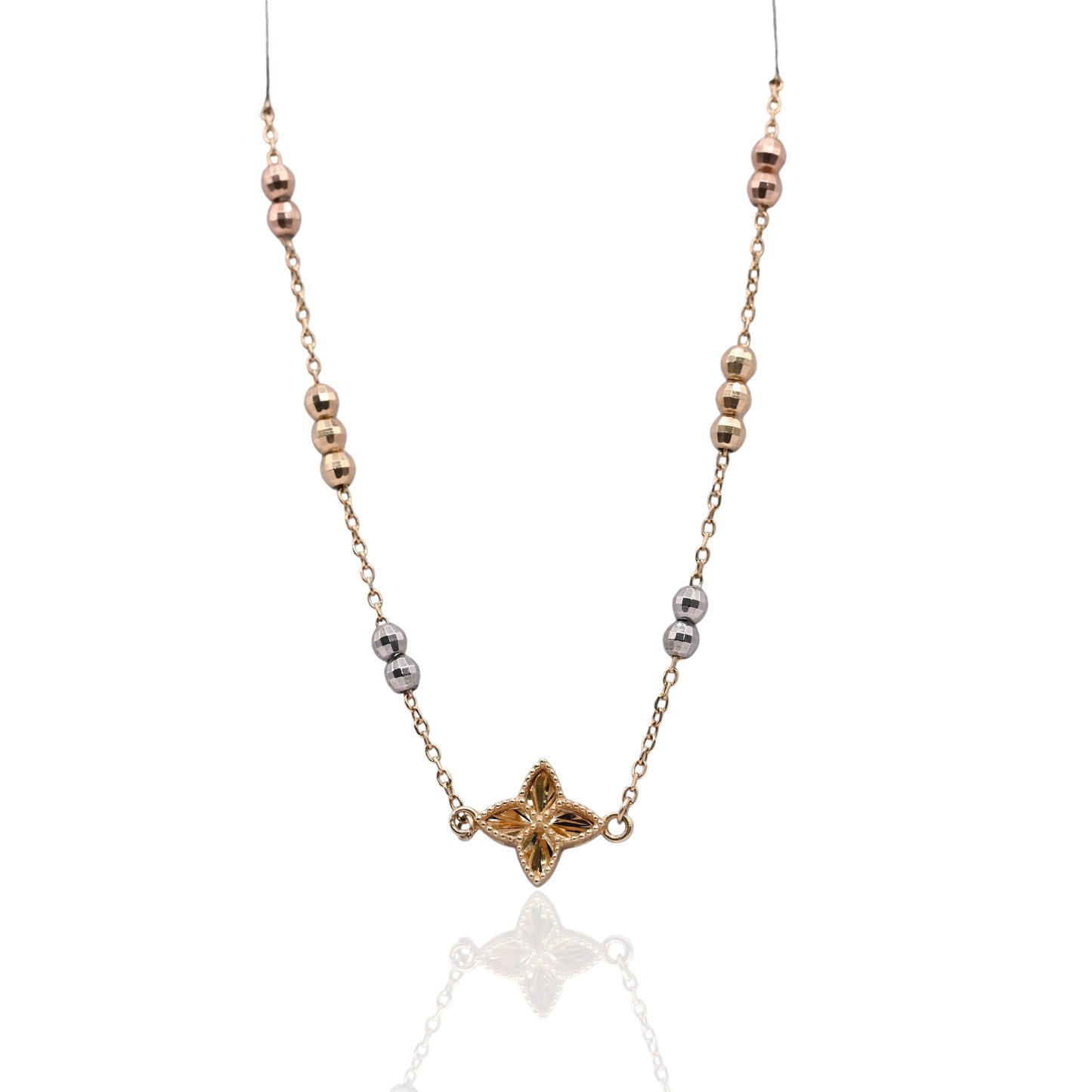 Diamond Cut Four-Pointed Star Bracelet with Diamond Cut Chain and Beads 14K Yellow Gold, 14K Rose Gold, and 14K White Gold Adjustable 6in and 7in