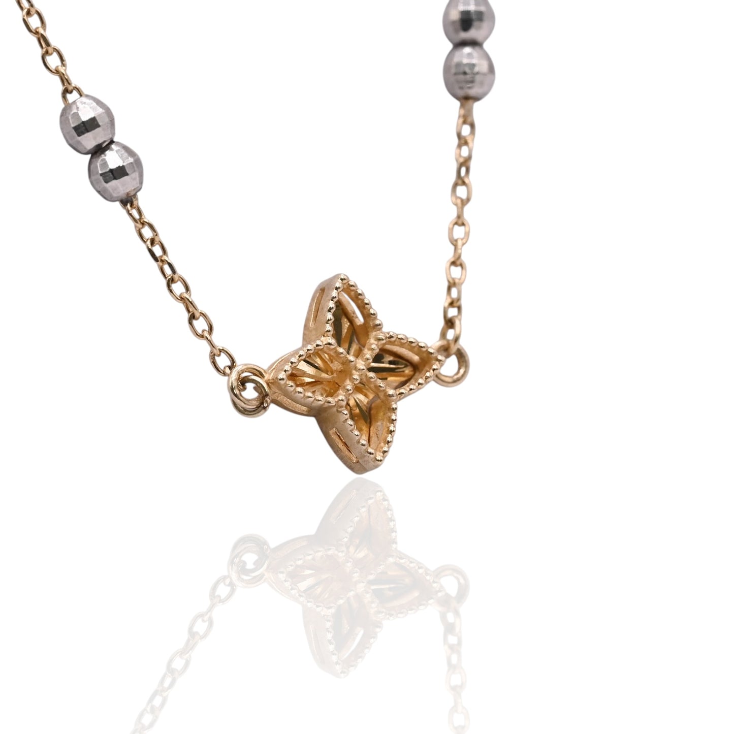 Diamond Cut Four-Pointed Star Bracelet with Diamond Cut Chain and Beads 14K Yellow Gold, 14K Rose Gold, and 14K White Gold Adjustable 6in and 7in