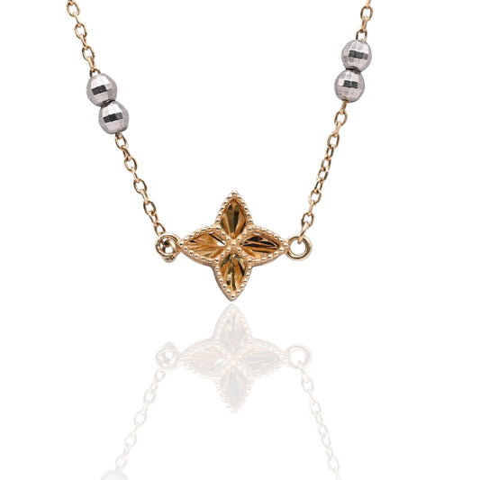 Diamond Cut Four-Pointed Star Bracelet with Diamond Cut Chain and Beads 14K Yellow Gold, 14K Rose Gold, and 14K White Gold Adjustable 6in and 7in