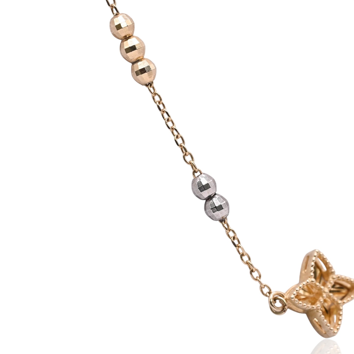 Diamond Cut Four-Pointed Star Bracelet with Diamond Cut Chain and Beads 14K Yellow Gold, 14K Rose Gold, and 14K White Gold Adjustable 6in and 7in