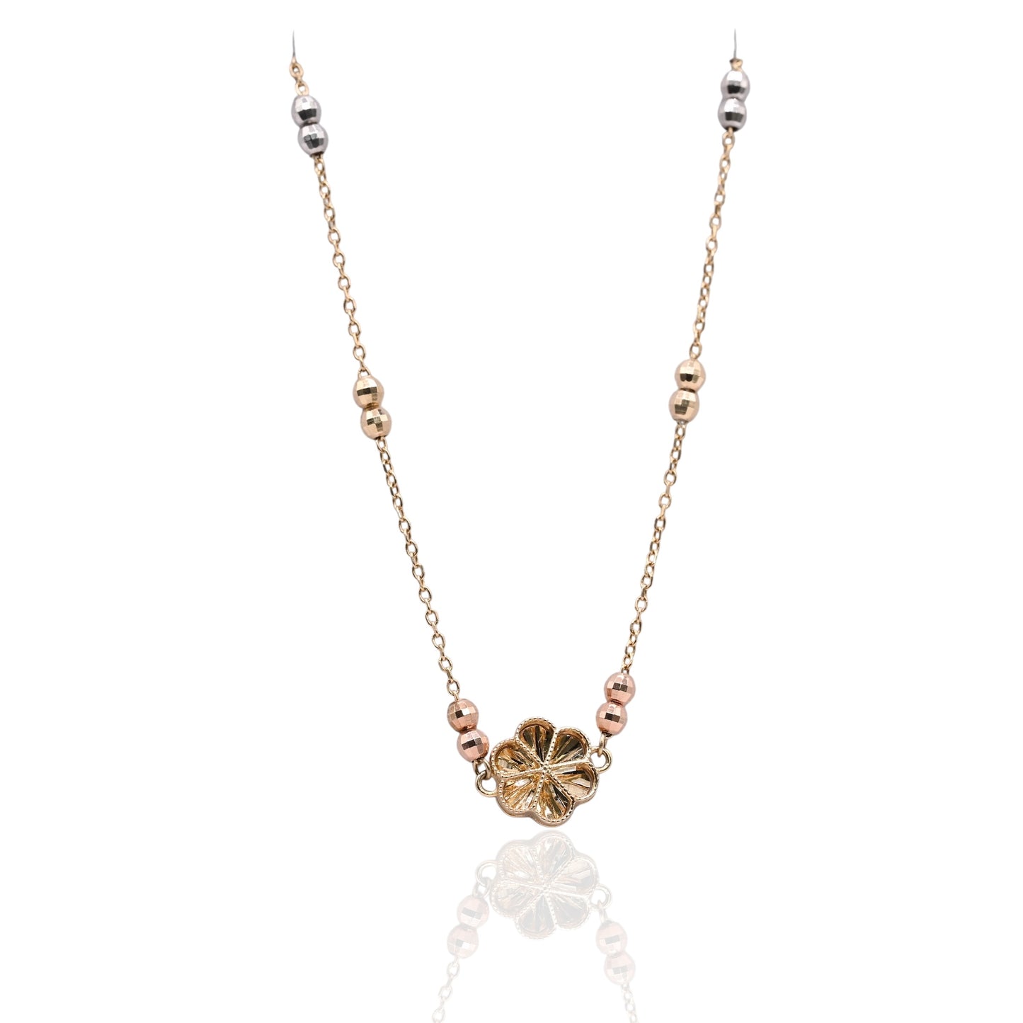 Diamond Cut Flower Bracelet with Diamond Cut Chain and Beads 14K Yellow Gold, 14K Rose Gold, and 14K White Gold Adjustable 6in and 7in