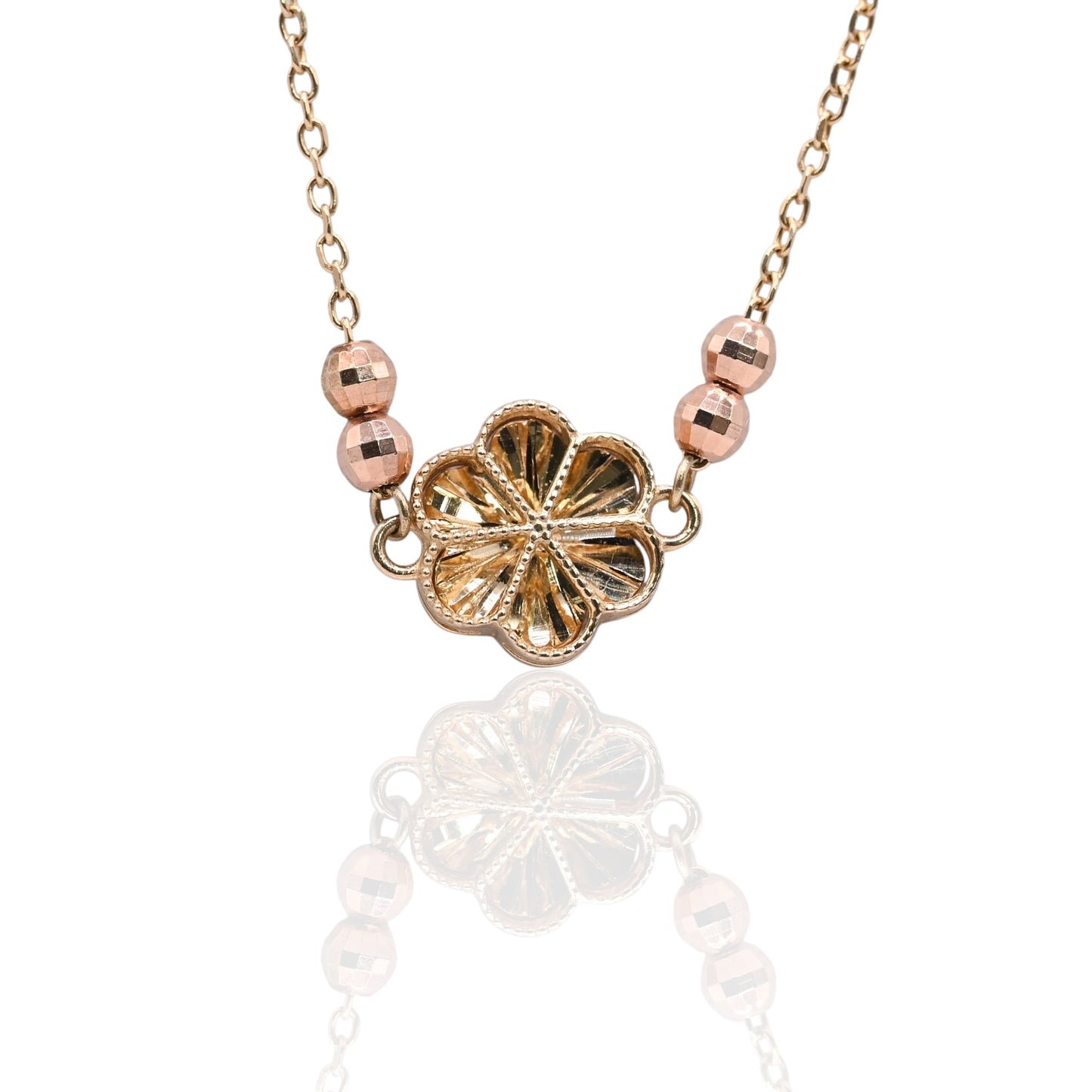 Diamond Cut Flower Bracelet with Diamond Cut Chain and Beads 14K Yellow Gold, 14K Rose Gold, and 14K White Gold Adjustable 6in and 7in