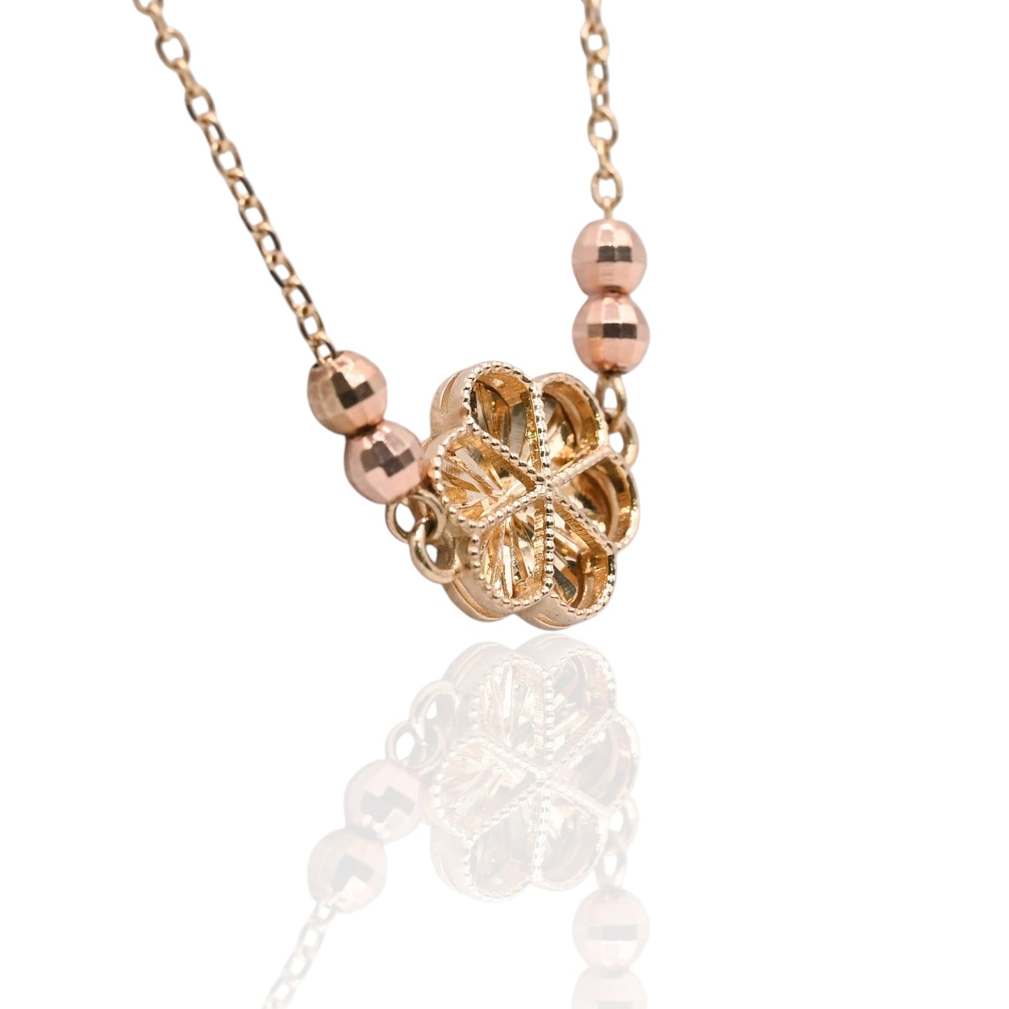 Diamond Cut Flower Bracelet with Diamond Cut Chain and Beads 14K Yellow Gold, 14K Rose Gold, and 14K White Gold Adjustable 6in and 7in