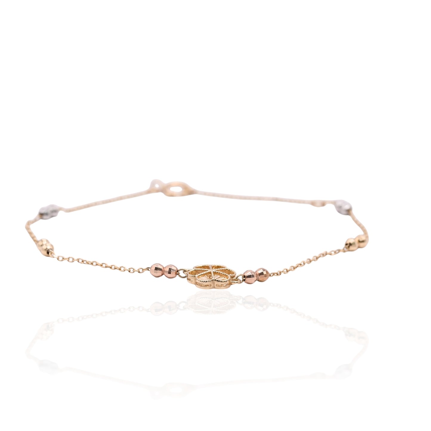 Diamond Cut Flower Bracelet with Diamond Cut Chain and Beads 14K Yellow Gold, 14K Rose Gold, and 14K White Gold Adjustable 6in and 7in
