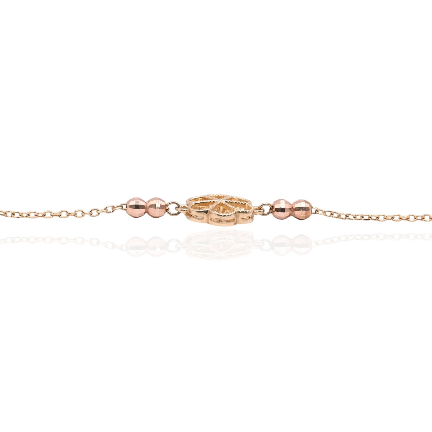 Diamond Cut Flower Bracelet with Diamond Cut Chain and Beads 14K Yellow Gold, 14K Rose Gold, and 14K White Gold Adjustable 6in and 7in