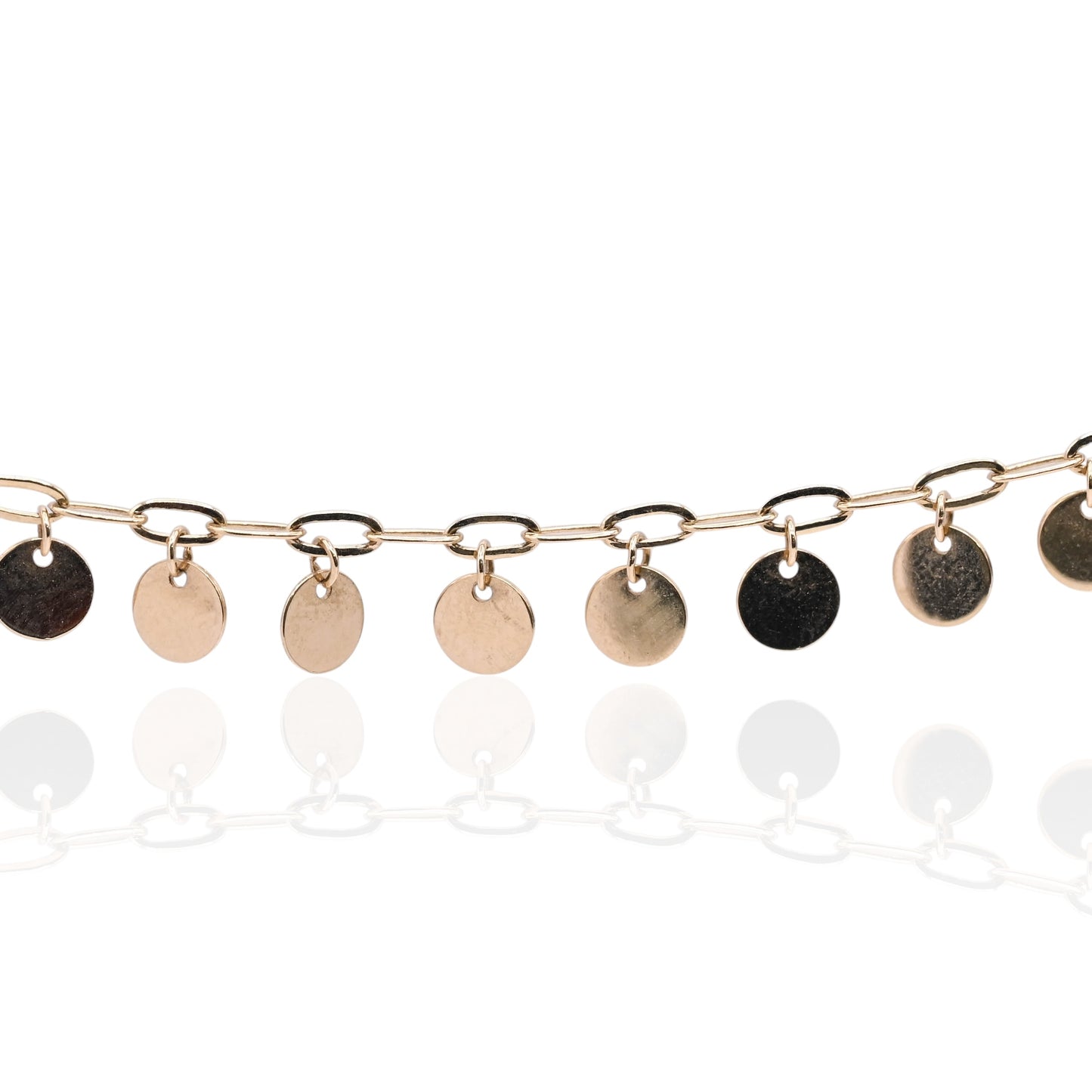 Dangle Disc Bracelet with Paperclip Chain 14K Yellow Gold 7.5in