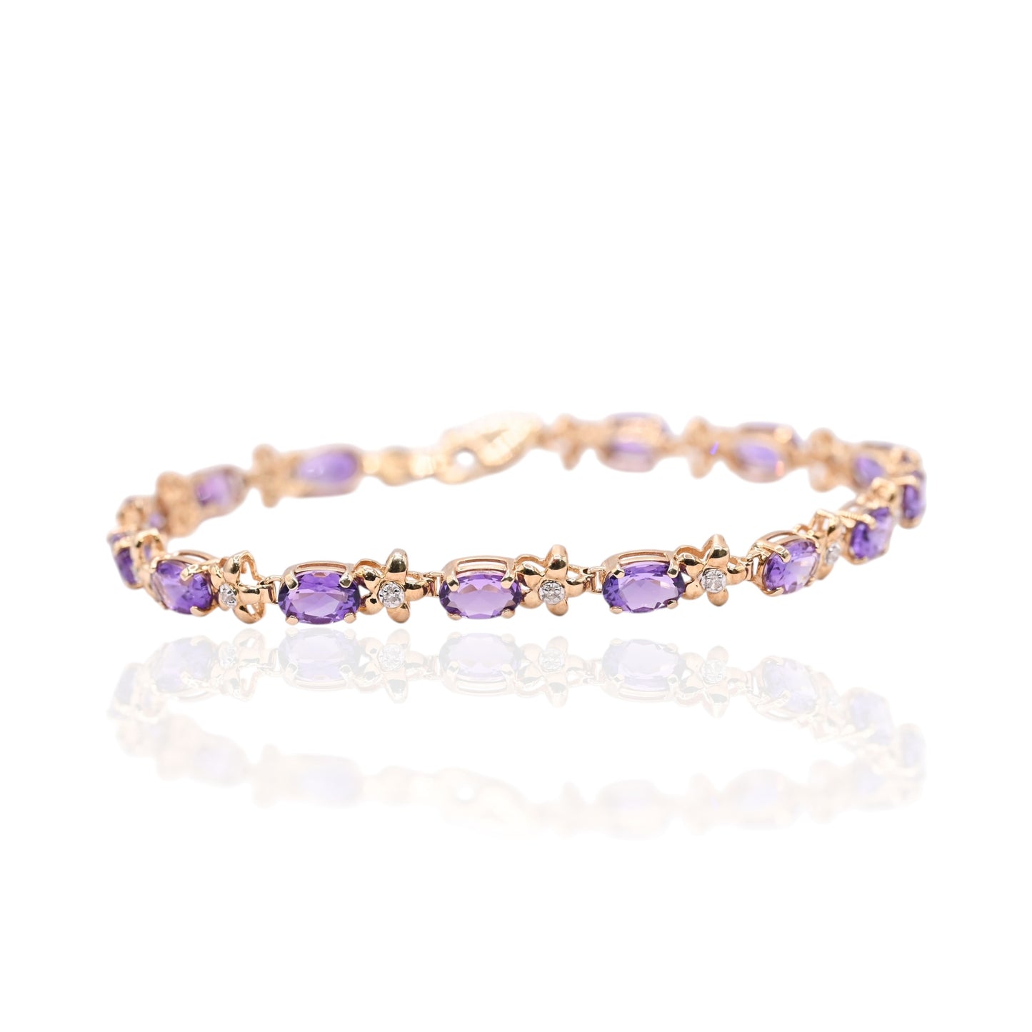 Amethyst and Diamond Floral Bracelet 14K Yellow Gold 7in